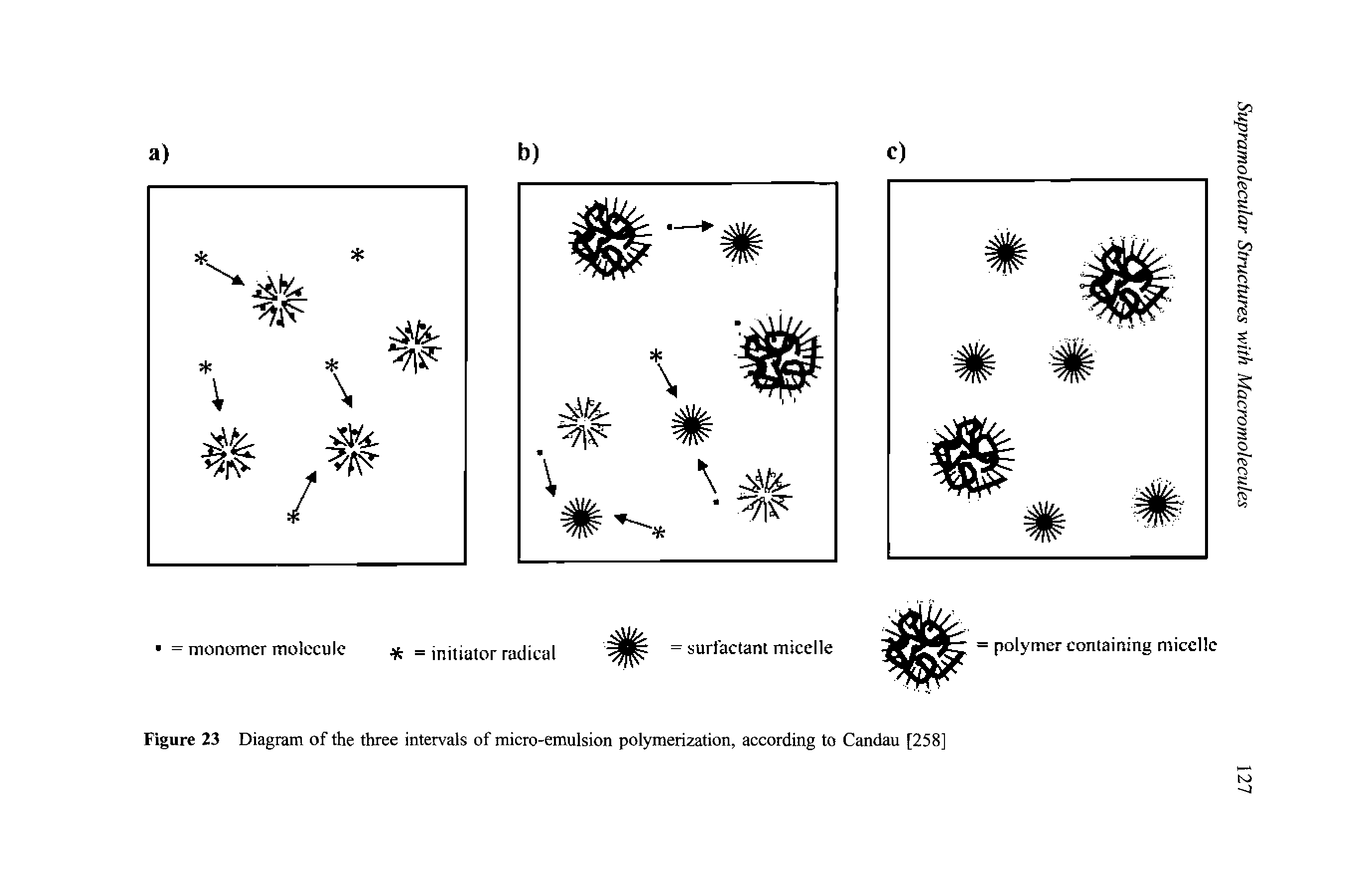 Figure 23 Diagram of the three intervals of micro-emulsion polymerization, according to Candau [258]...