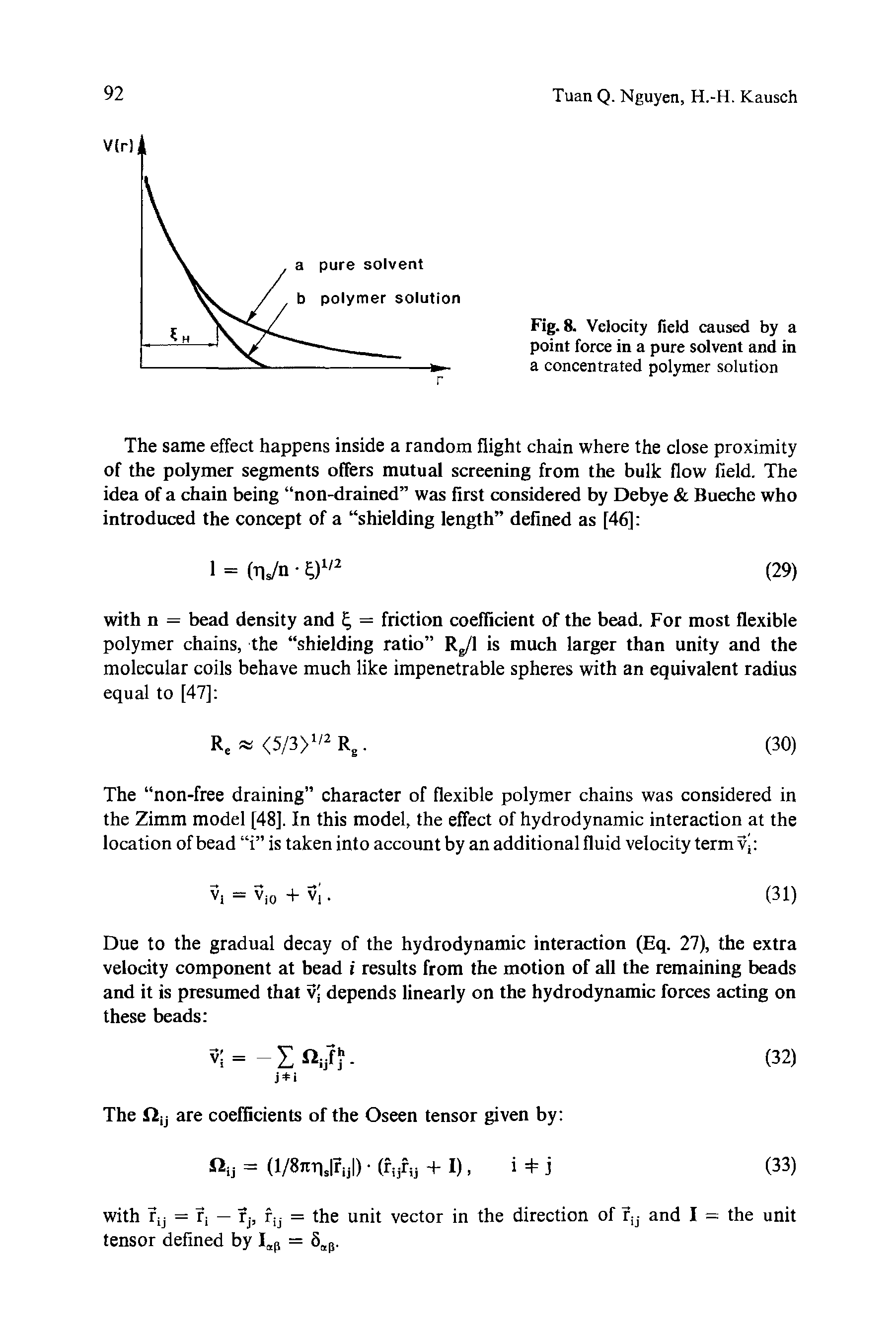 Fig. 8. Velocity field caused by a point force in a pure solvent and in...