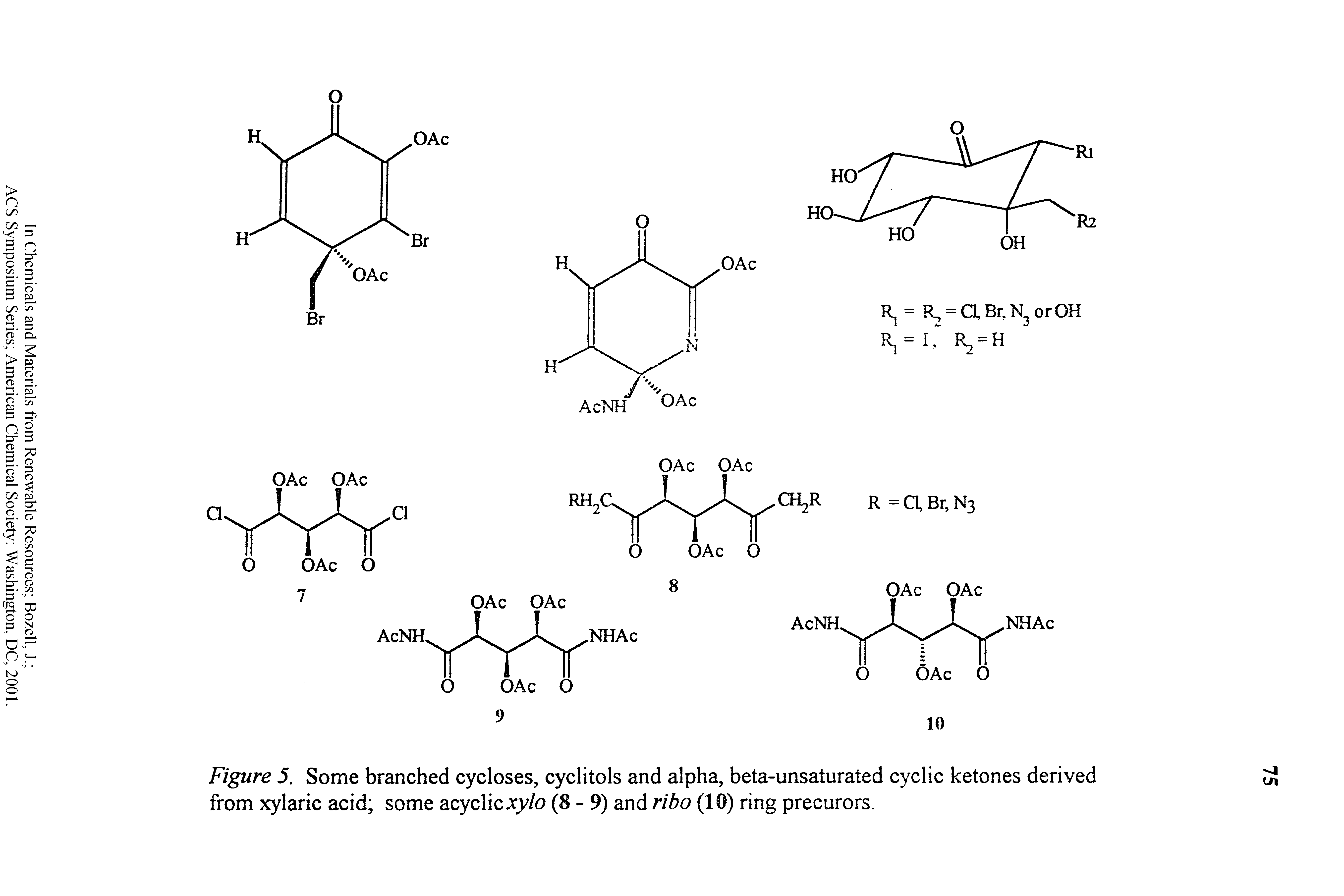 Figure 5. Some branched cycloses, cyclitols and alpha, beta-unsaturated cyclic ketones derived from xylaric acid some acyclic c> /o (8 - 9) and ribo (10) ring precurors.