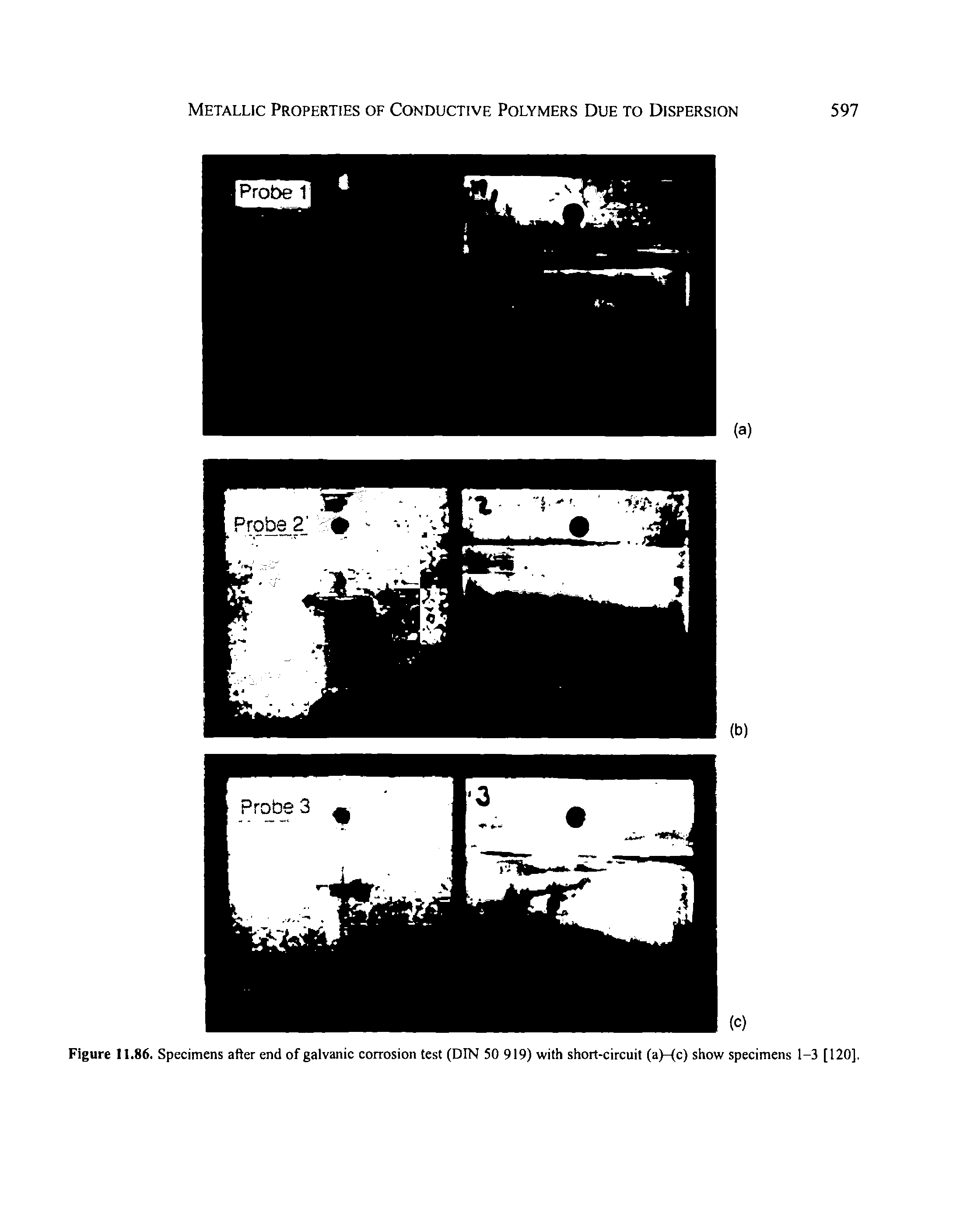 Figure 11.86. Specimens after end of galvanic corrosion test (DIN 50 919) with short-circuit (a)-(c) show specimens 1-3 [120],...
