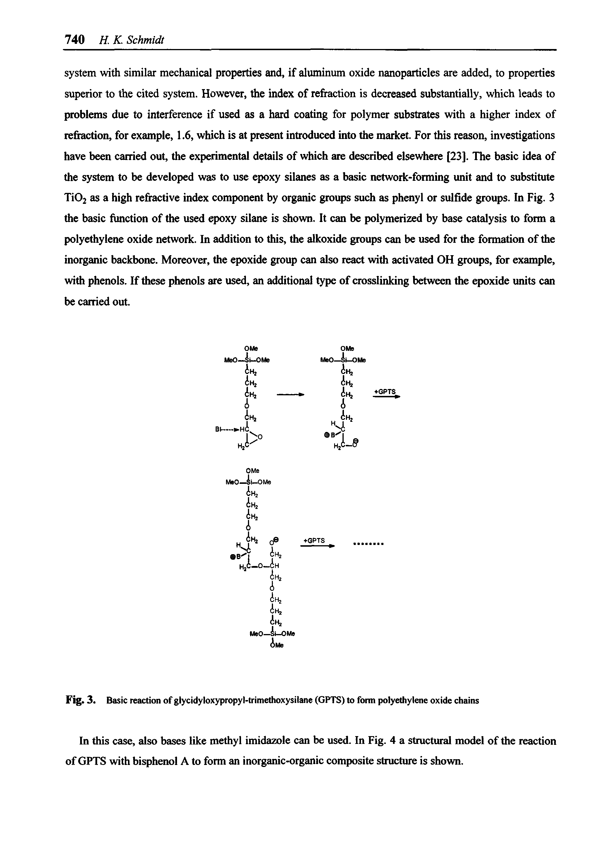 Fig. 3. Basic reaction of glycidyloxypropyl-trimethoxysilane (GPTS) to form polyethylene oxide chains...