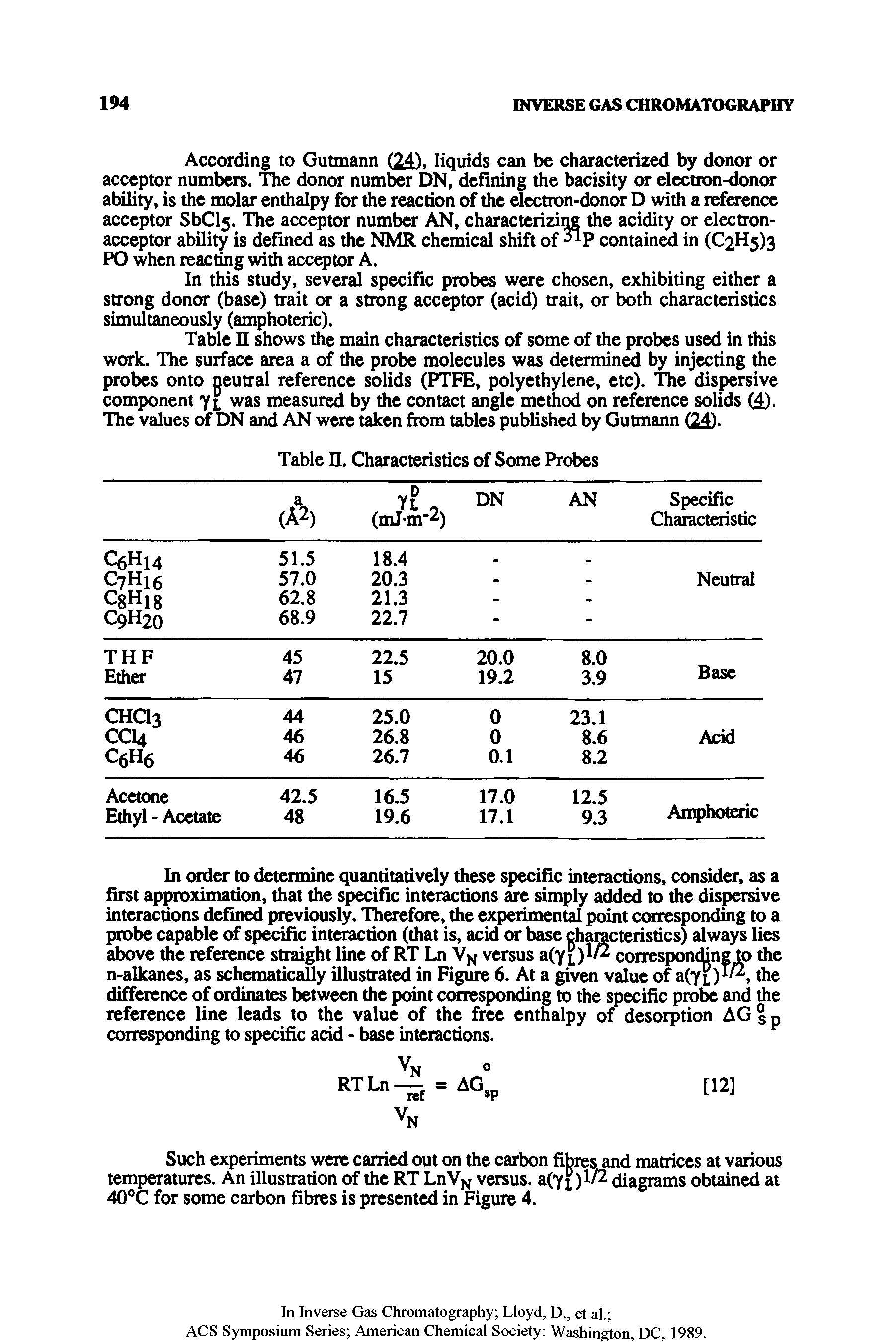 Table II shows the main characteristics of some of the probes used in this work. The surface area a of the probe molecules was determined by injecting the probes onto neutral reference solids (PTFE, polyethylene, etc). The dispersive component Yl was measured by the contact angle method on reference solids ( ). The values of DN and AN were taken from tables published by Gutmann (24).
