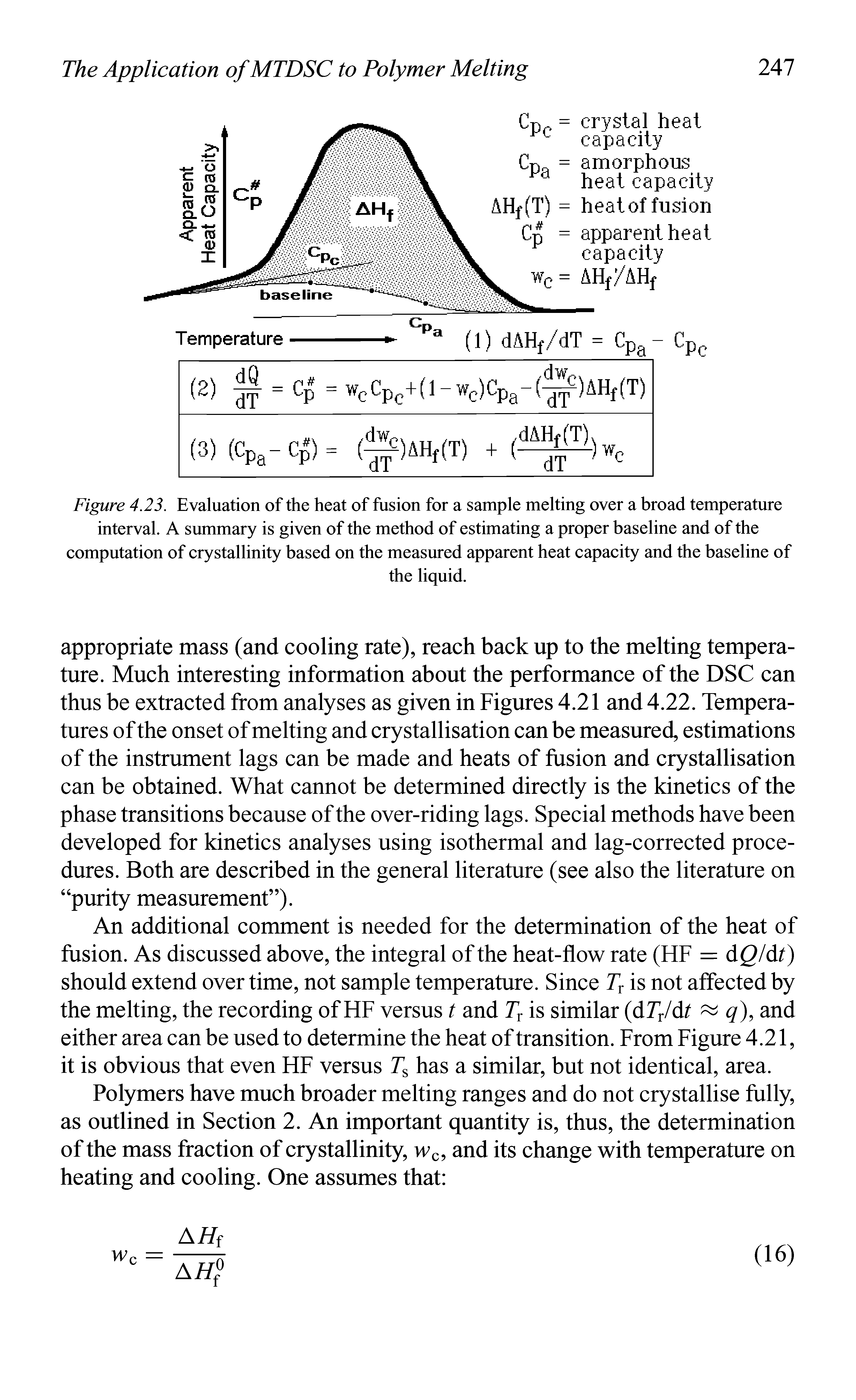 Figure 4.23. Evaluation of the heat of fusion for a sample melting over a broad temperature interval. A summary is given of the method of estimating a proper baseline and of the computation of crystallinity based on the measured apparent heat capacity and the baseline of...