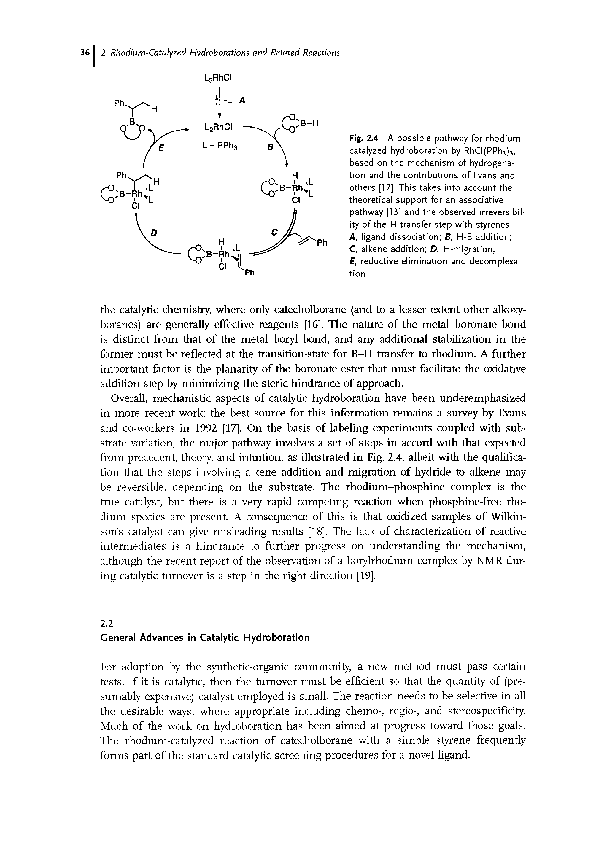 Fig. 2.4 A possible pathway for rhodium-catalyzed hydroboration by RhCI(PPh3)3, based on the mechanism of hydrogenation and the contributions of Evans and others [17], This takes into account the theoretical support for an associative pathway [13] and the observed irreversibility of the H-transfer step with styrenes.