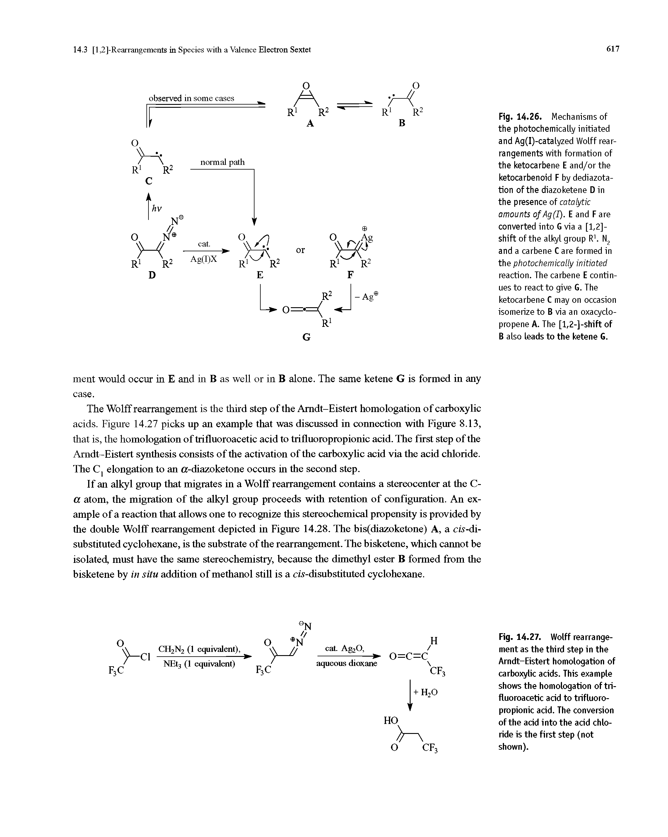 Fig. 14.26. Mechanisms of the photochemicatty initiated and Ag(I)-catatyzed Wotff rearrangements with formation of the ketocarbene E and/or the ketocarbenoid F by dediazota-tion of the diazoketene D in the presence of catalytic amounts ofAg(I). E and F are converted into G via a [1,2]-shift of the alkyl group R1. N2 and a carbene C are formed in the photochemically initiated reaction. The carbene E continues to react to give G. The ketocarbene C may on occasion isomerize to B via an oxacyclo-propene A. The [l,2-]-shift of B also leads to the ketene G.