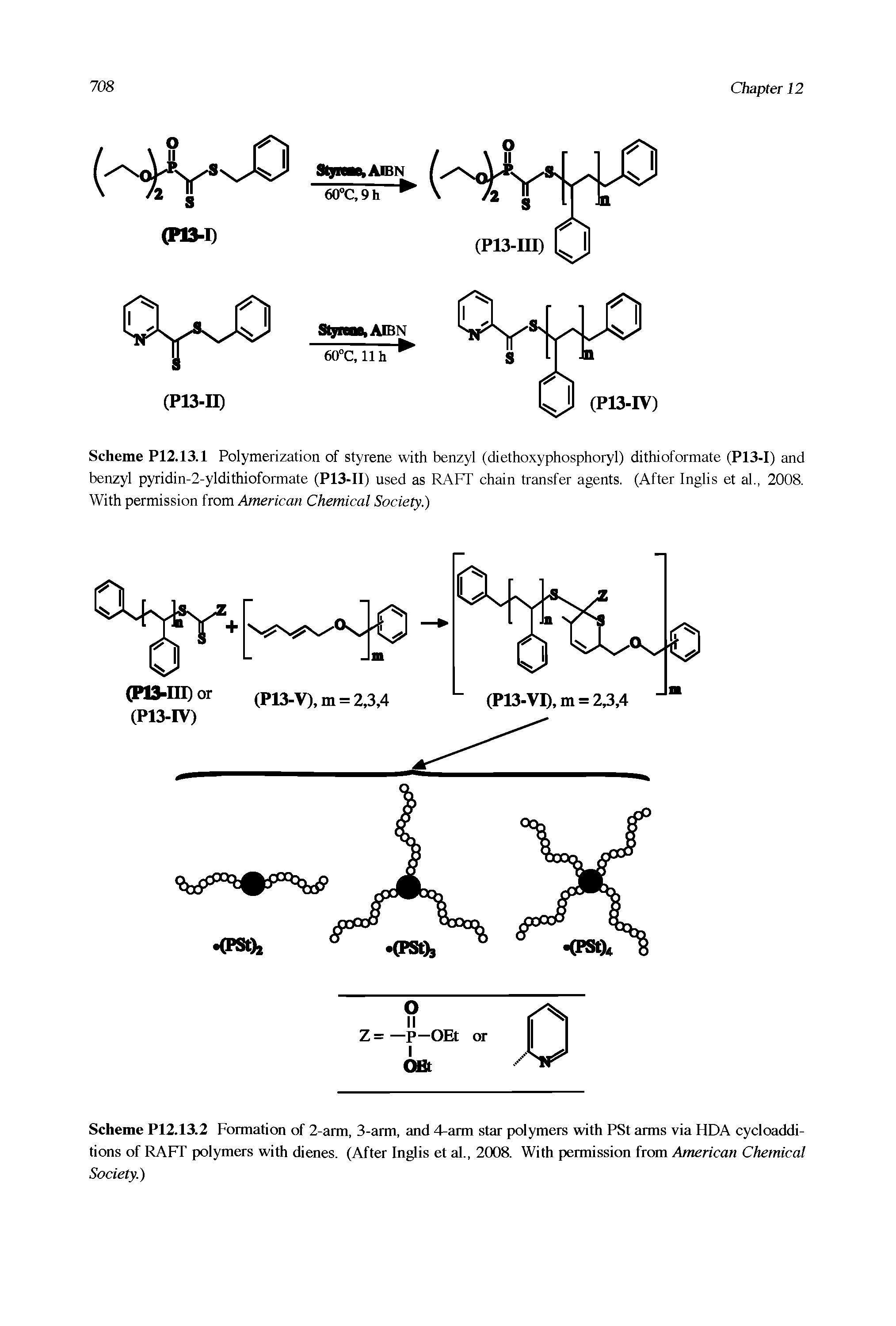 Scheme P12.13.2 Formation of 2-arm, 3-arm, and 4-arm star polymers with PSt arms via HDA cycloadditions of RAFT polymers with dienes. (After Inglis et al., 2008. With permission from American Chemical Society.)...