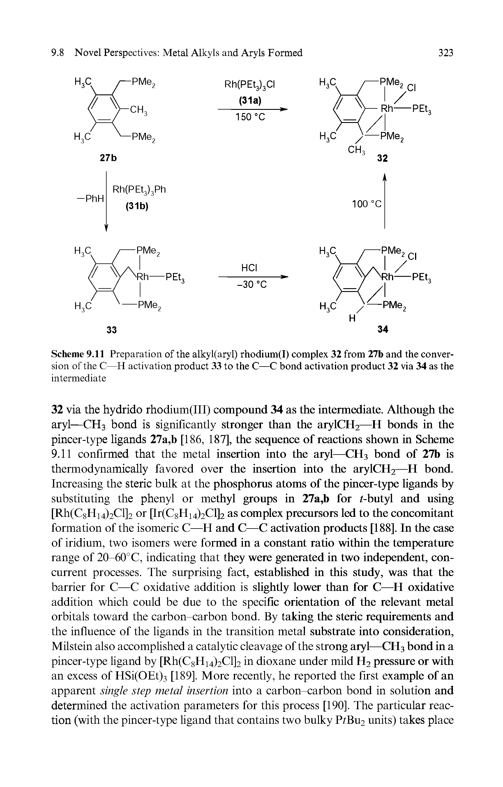 Scheme 9.11 Preparation of the alkyl(aryl) rhodium(I) complex 32 from 27b and the conversion of the C—H activation product 33 to the C—C bond activation product 32 via 34 as the...
