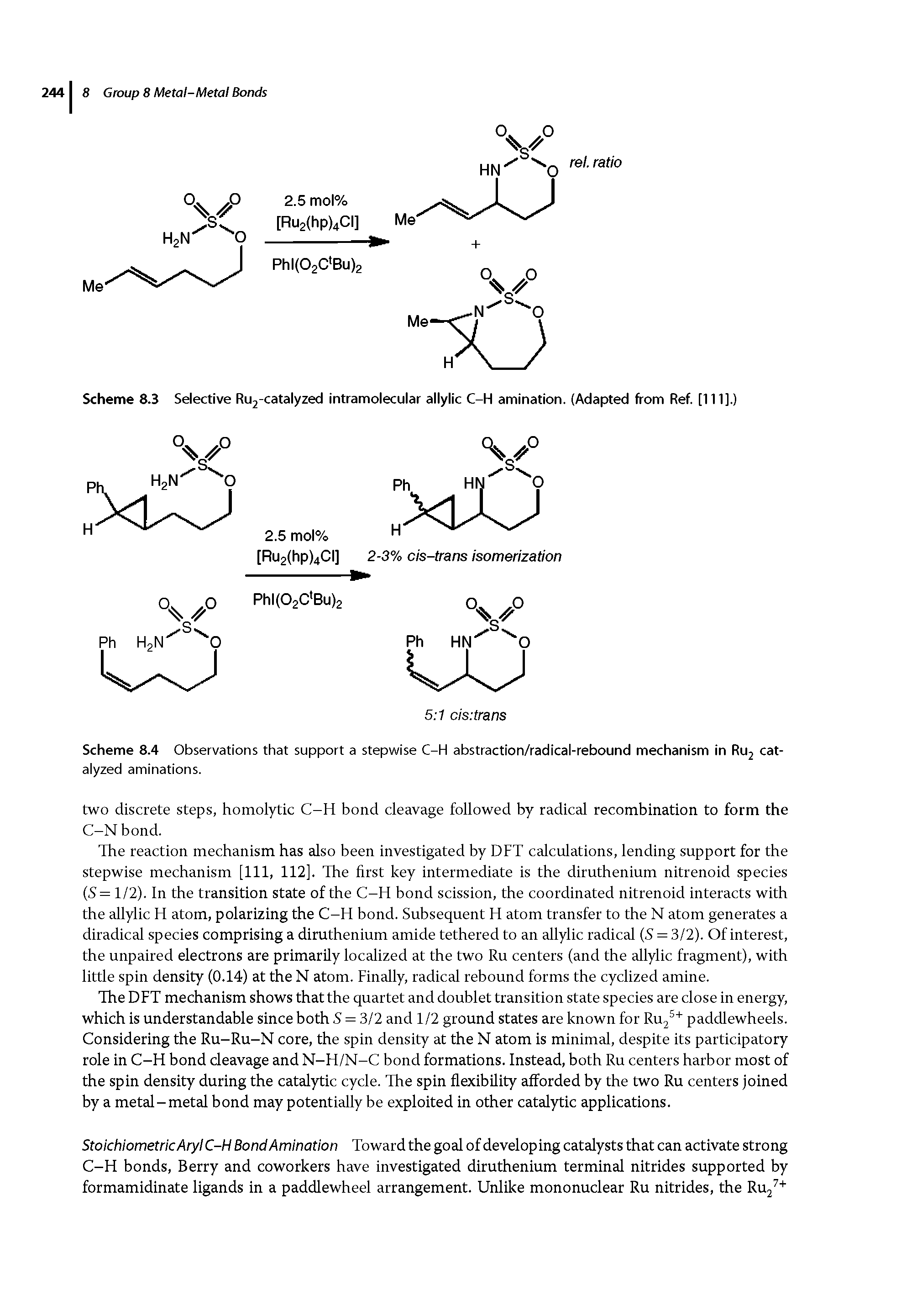 Scheme 8.4 Observations that support a stepwise C-H abstraction/radical-rebound mechanism in Ruj catalyzed aminations.
