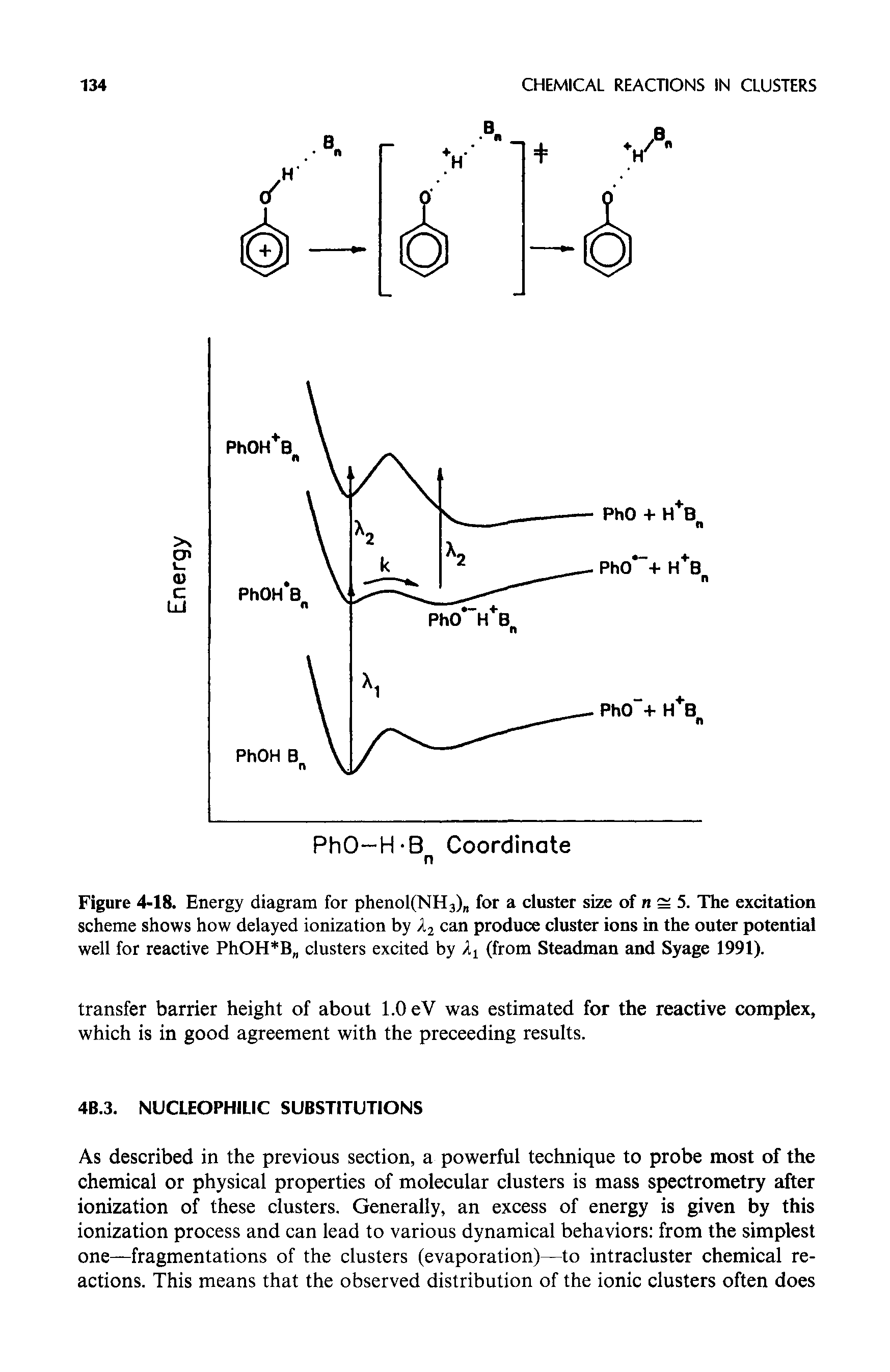 Figure 4-18. Energy diagram for phenol(NH3) for a cluster size of n s 5. The excitation scheme shows how delayed ionization by X2 can produce cluster ions in the outer potential well for reactive PhOH B clusters excited by ).y (from Steadman and Syage 1991).