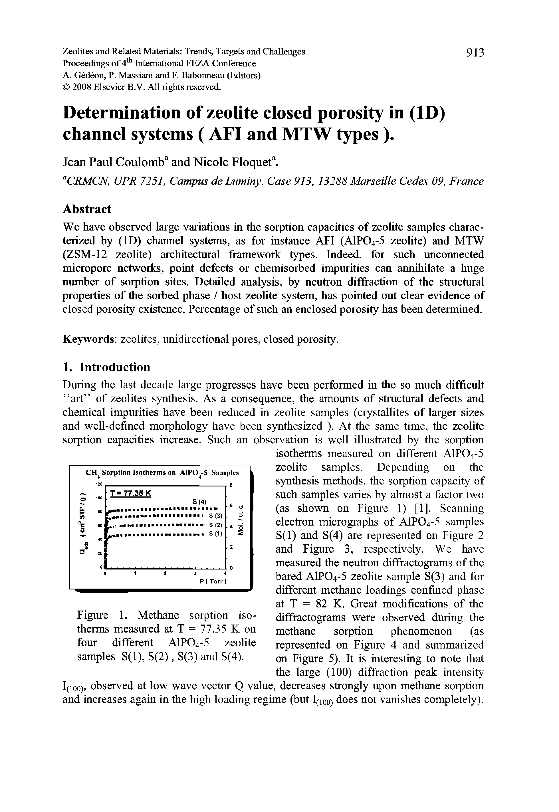 Figure 1. Methane sorption isotherms measured at T = 77.35 K on four different AlP04-5 zeolite samples S(l), S(2), S(3) and S(4).