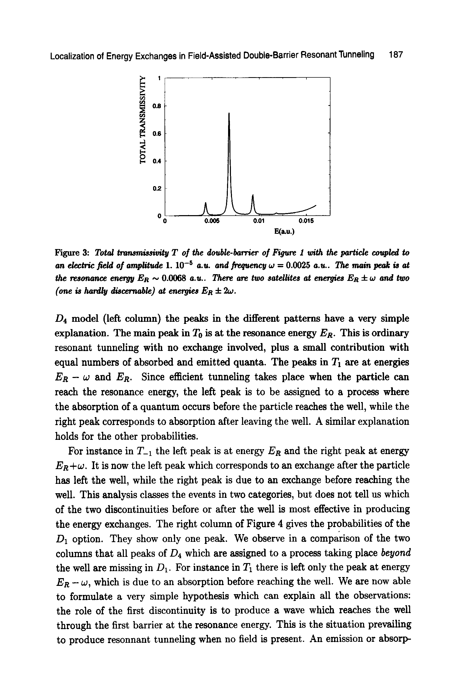 Figure 3 Total transmissivity T of the dovble-barrier of Figure 1 with the particle coupled to an electric field of amplitude 1. 10 s a.u. and frequency u = 0.0025 a.u.. The main peak is at the resonance energy Er 0.0068 a.u.. There are two satellites at energies Er ui and two (one is hardly discemable) at energies Er 2u>.
