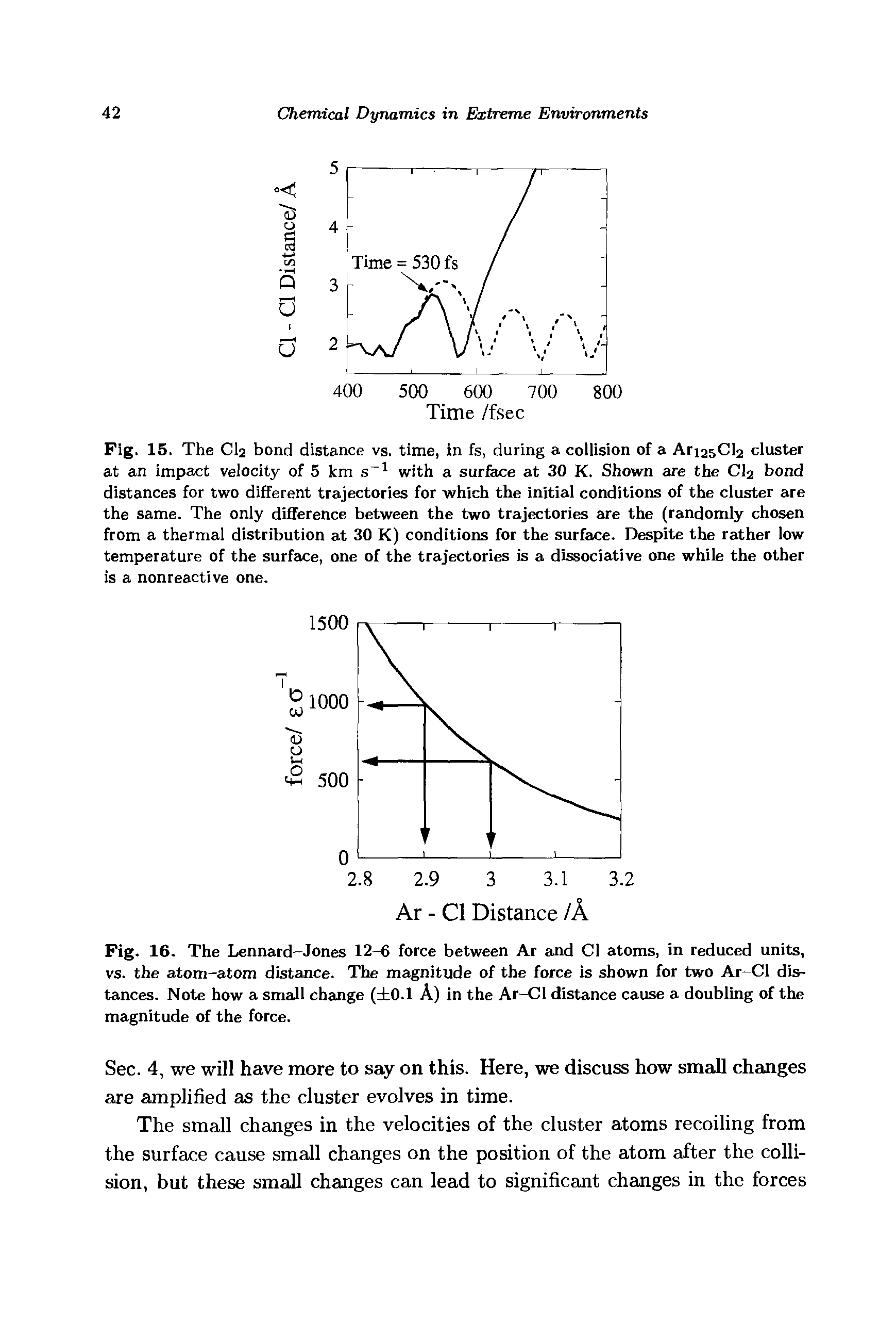 Fig. 15. The CI2 bond distance vs. time, in fs, during a collision of a Ari25Cl2 cluster at an impact velocity of 5 km with a surfece at 30 K. Shown are the CI2 bond distances for two different trajectories for which the initial conditions of the cluster are the same. The only difference between the two trajectories are the (randomly chosen from a thermal distribution at 30 K) conditions for the surface. Despite the rather low temperature of the surface, one of the trajectories is a dissociative one while the other is a nonreactive one.