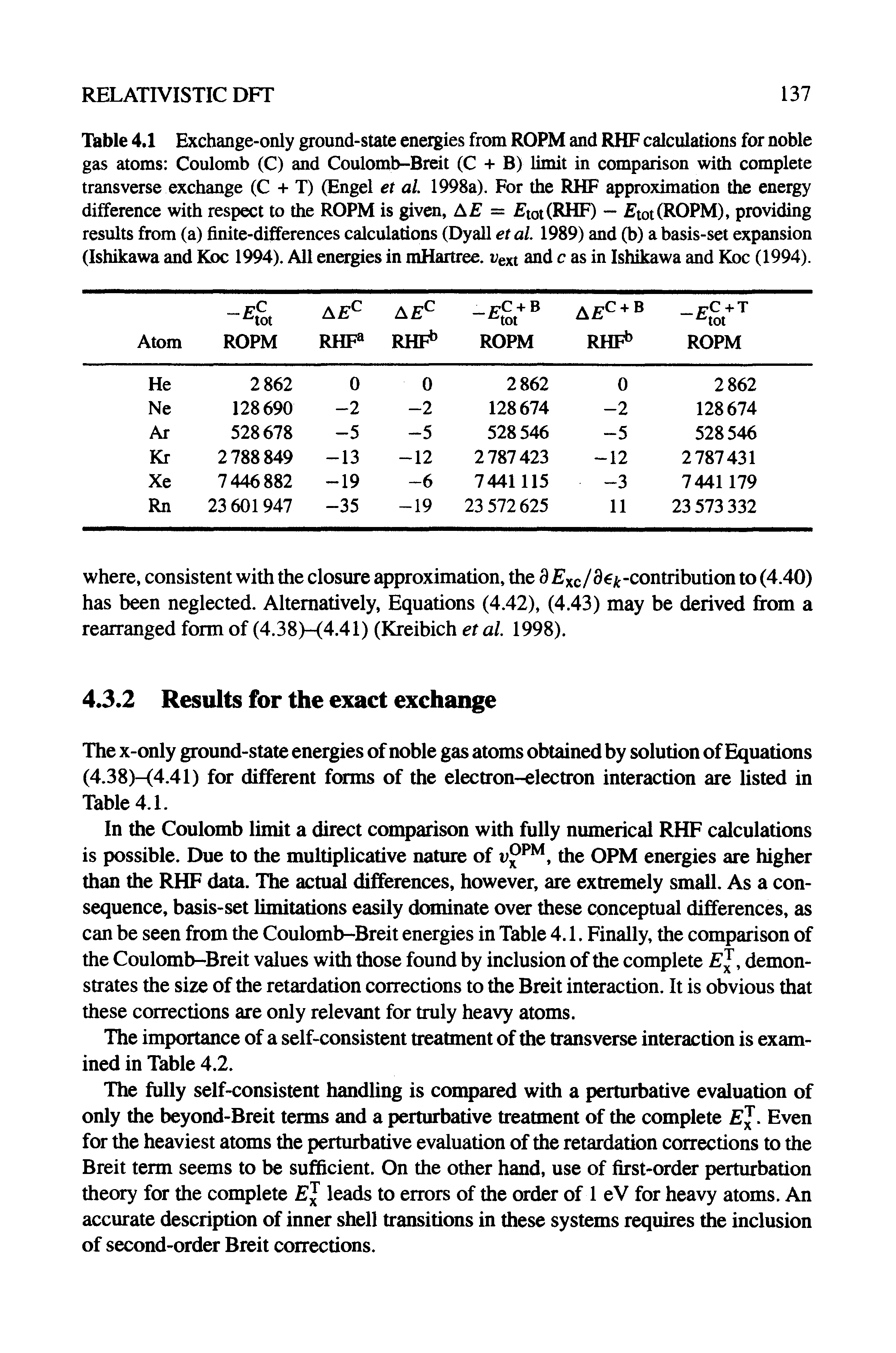 Table 4.1 Exchange-only ground-state energies from ROPM and RHF calculations for noble gas atoms Coulomb (C) and Coulomb-Breit (C + B) limit in comparison with complete transverse exchange (C + T) (Engel et al. 1998a). For the RHF approximation the energy difference with respect to the ROPM is given, AE = tot(RHF) — tot(ROPM), providing results from (a) finite-differences calculations (Dyall et al. 1989) and (b) a basis-set expansion (Ishikawa and Koc 1994). All energies in mHartree. uext and c as in Ishikawa and Koc (1994).