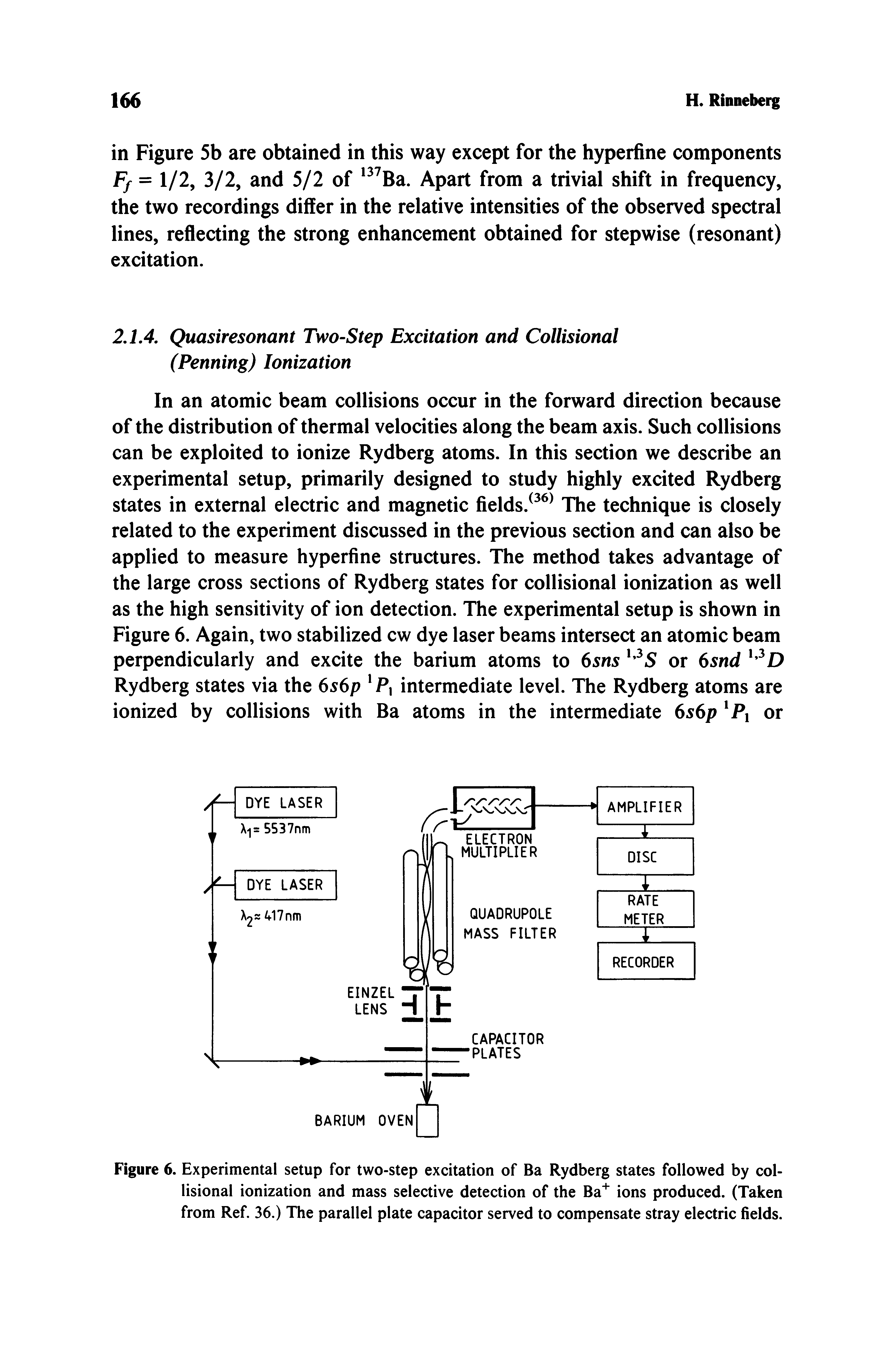 Figure 6. Experimental setup for two-step excitation of Ba Rydberg states followed by collisional ionization and mass selective detection of the Ba" ions produced. (Taken from Ref. 36.) The parallel plate capacitor served to compensate stray electric fields.