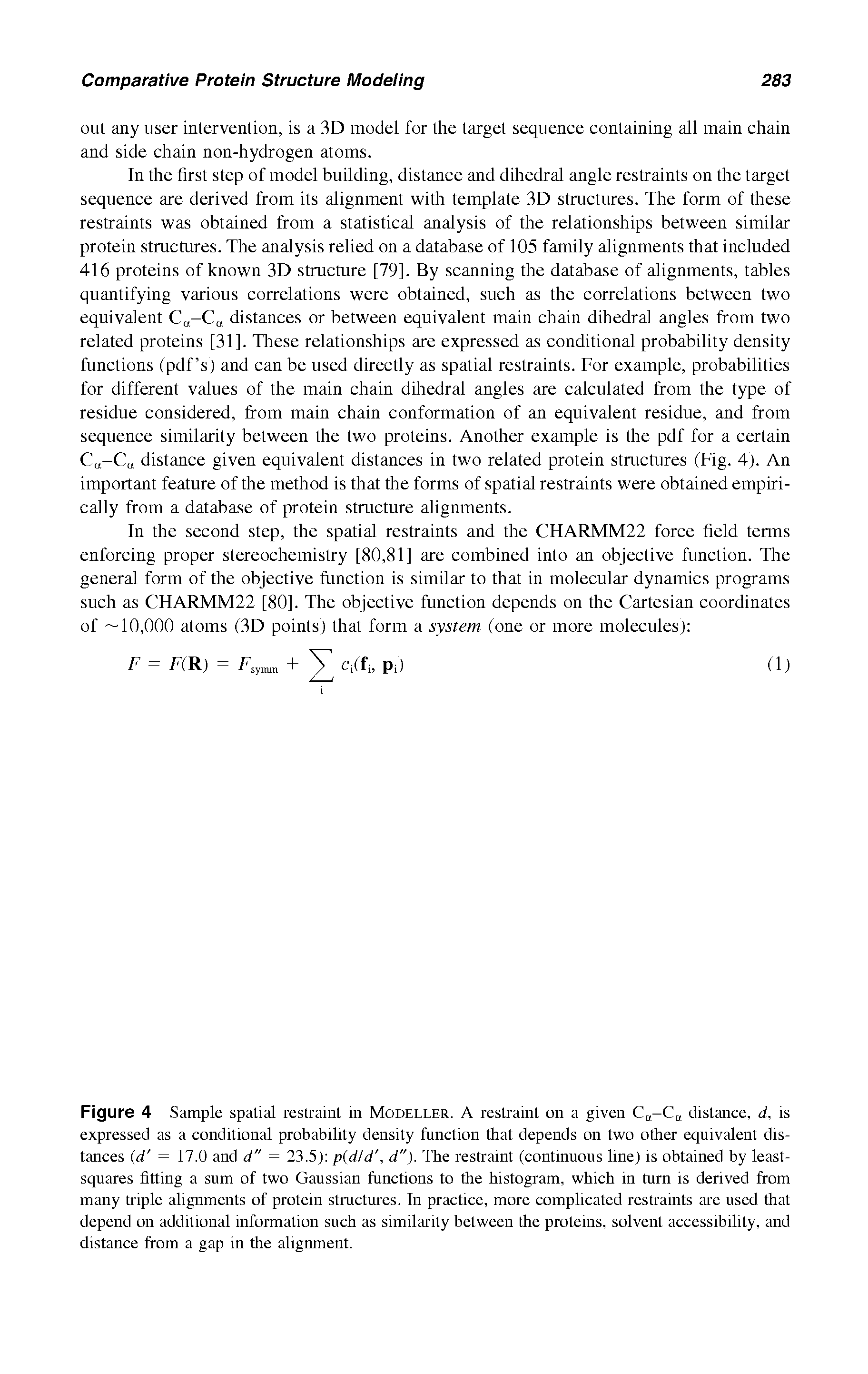 Figure 4 Sample spatial restraint m Modeller. A restraint on a given C -C , distance, d, is expressed as a conditional probability density function that depends on two other equivalent distances (d = 17.0 and d" = 23.5) p(dld, d"). The restraint (continuous line) is obtained by least-squares fitting a sum of two Gaussian functions to the histogram, which in turn is derived from many triple alignments of protein structures. In practice, more complicated restraints are used that depend on additional information such as similarity between the proteins, solvent accessibility, and distance from a gap m the alignment.