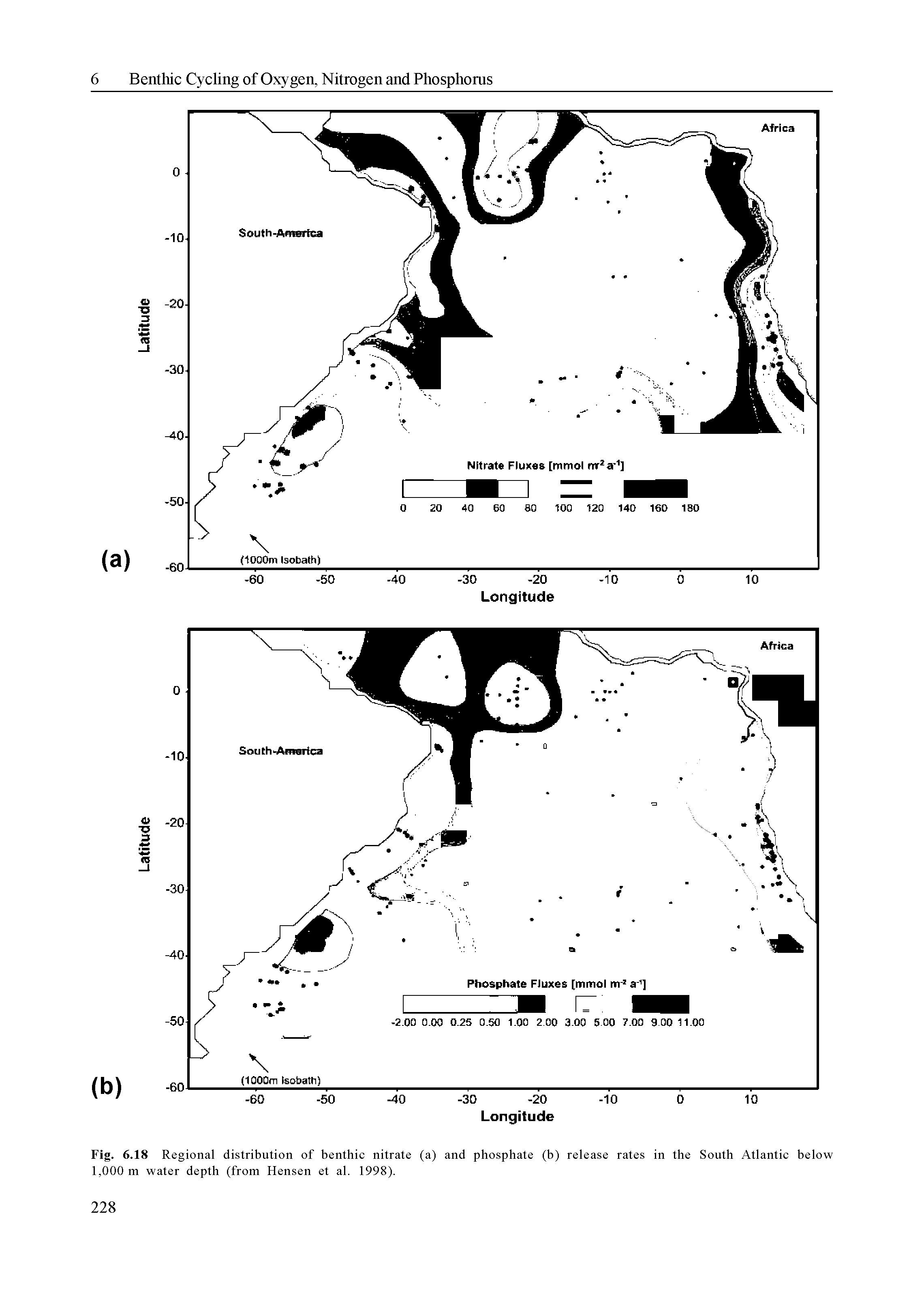 Fig. 6.18 Regional distribution of benthic nitrate (a) and phosphate (b) release rates in the South Atlantic below 1,000 m water depth (from Hensen et al. 1998).