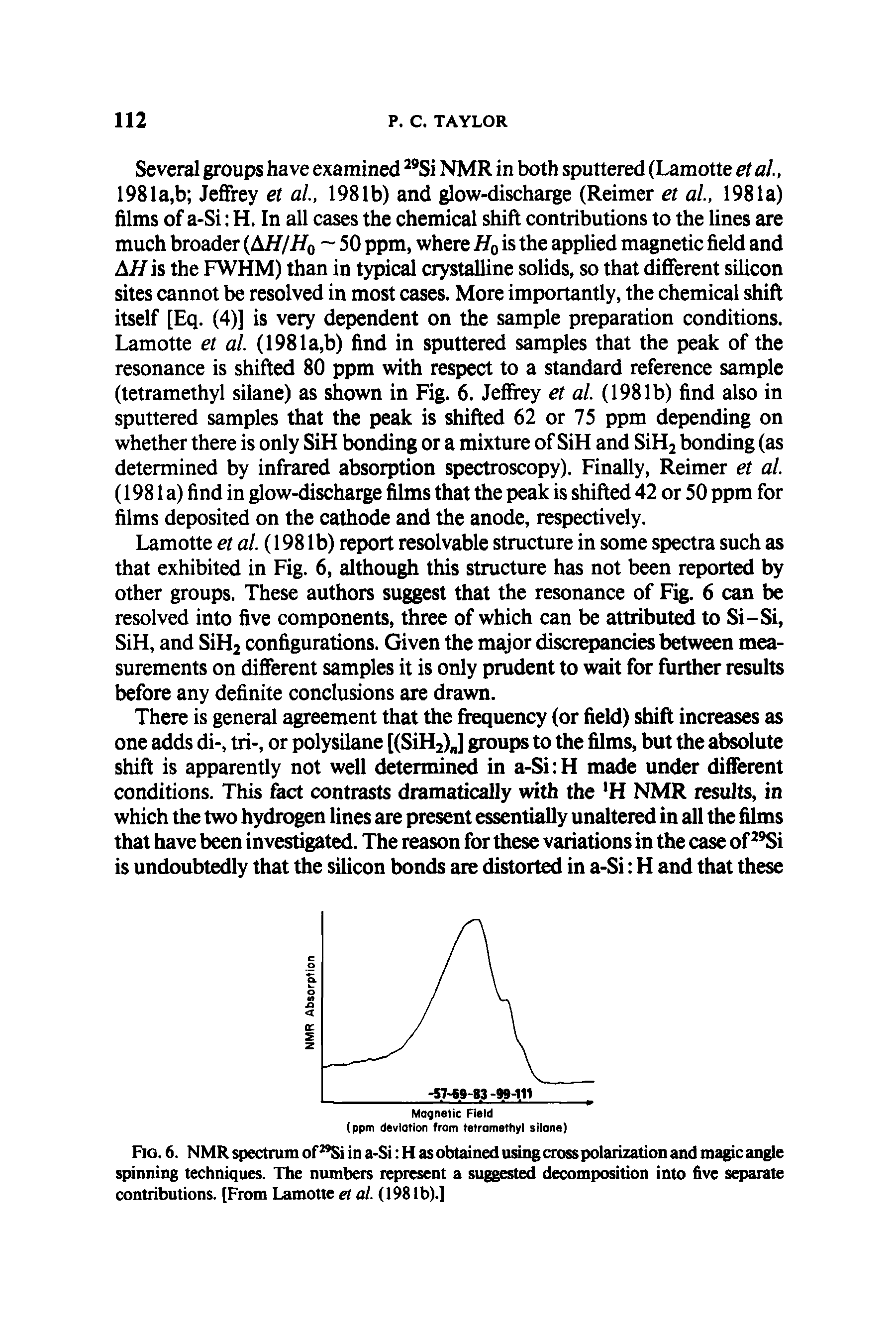 Fig. 6. NMR spectrum of Si in a-Si H as obtained using cross polarization and magic angle spinning techniques. The numbers represent a suggested decomposition into five separate contributions. [From Lamotte et al. (1981b).]...