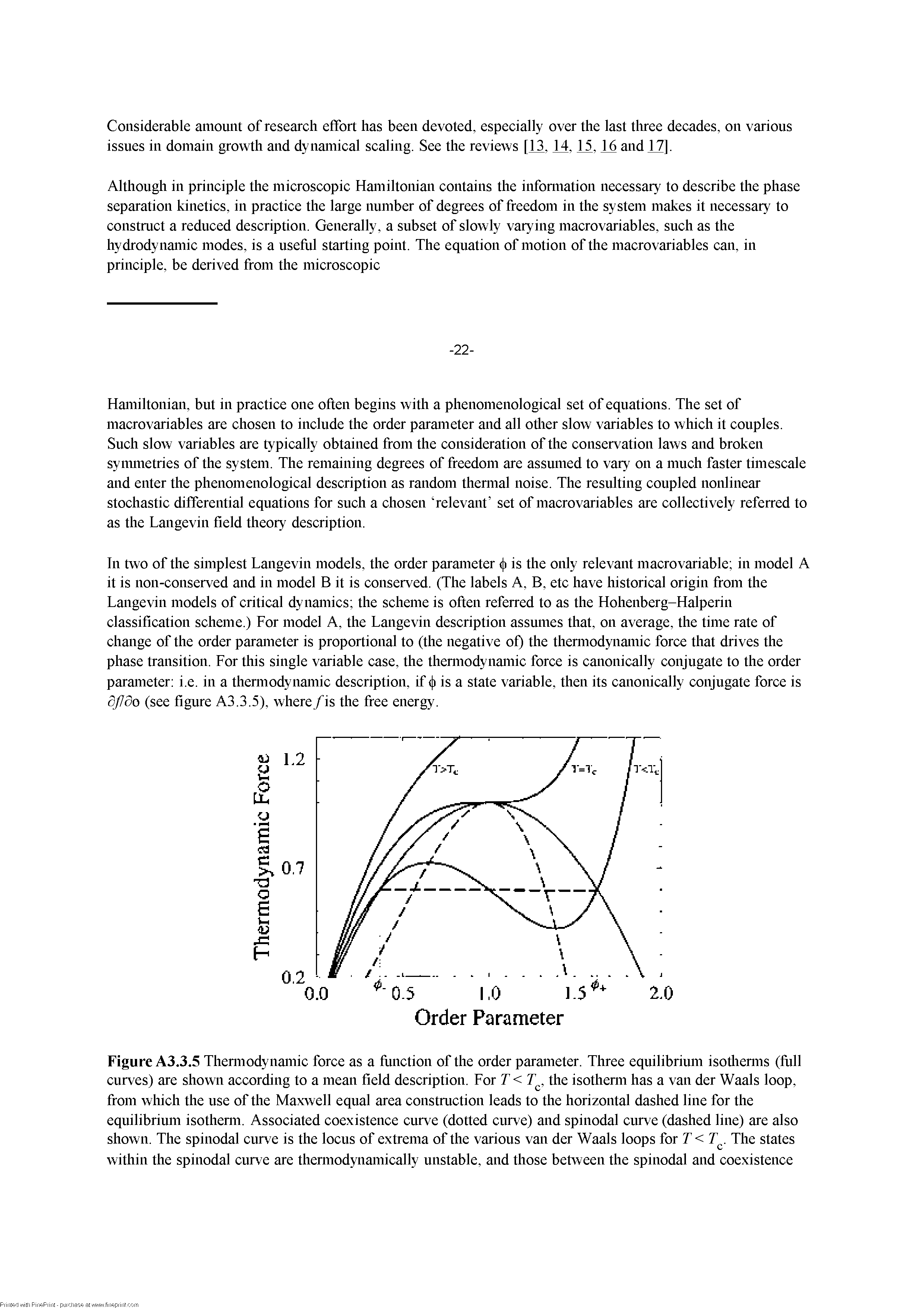 Figure A3.3.5 Tliemiodynamic force as a fiuictioii of the order parameter. Three equilibrium isodiemis (fiill curves) are shown according to a mean field description. For T < J., the isothemi has a van der Waals loop, from which the use of the Maxwell equal area constmction leads to the horizontal dashed line for the equilibrium isothemi. Associated coexistence curve (dotted curve) and spinodal curve (dashed line) are also shown. The spinodal curve is the locus of extrema of the various van der Waals loops for T < T. The states within the spinodal curve are themiodynaniically unstable, and those between the spinodal and coexistence...