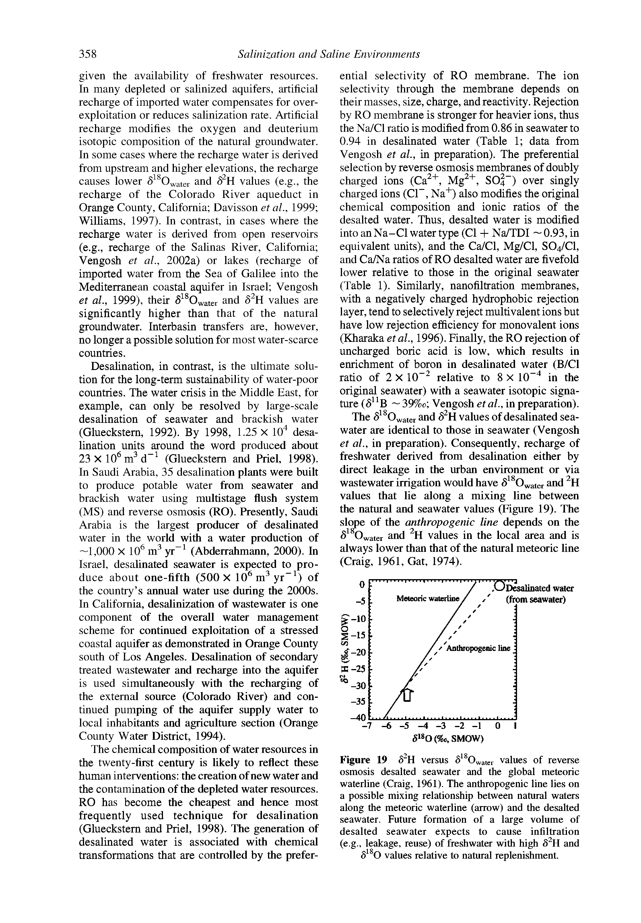 Figure 19 6 H versus 6 0 aKr values of reverse osmosis desalted seawater and the global meteoric waterline (Craig, 1961). The anthropogenic line lies on a possible mixing relationship between natural waters along the meteoric waterline (arrow) and the desalted seawater. Future formation of a large volume of desalted seawater expects to cause infiltration (e.g., leakage, reuse) of freshwater with high S H and 6 0 values relative to natural replenishment.