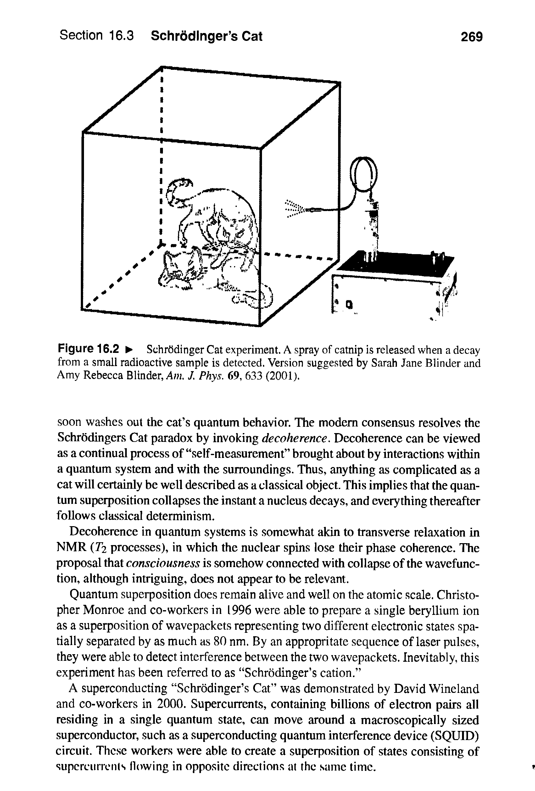 Figure 16.2 SchrOdinger Cat experiment. A spray of catnip is released when a decay from a small radioactive sample is detected. Version suggested by Sarah Jane Blinder and Amy Rebecca Blinder, A/ . J. Phys. 69, 633 (2001).