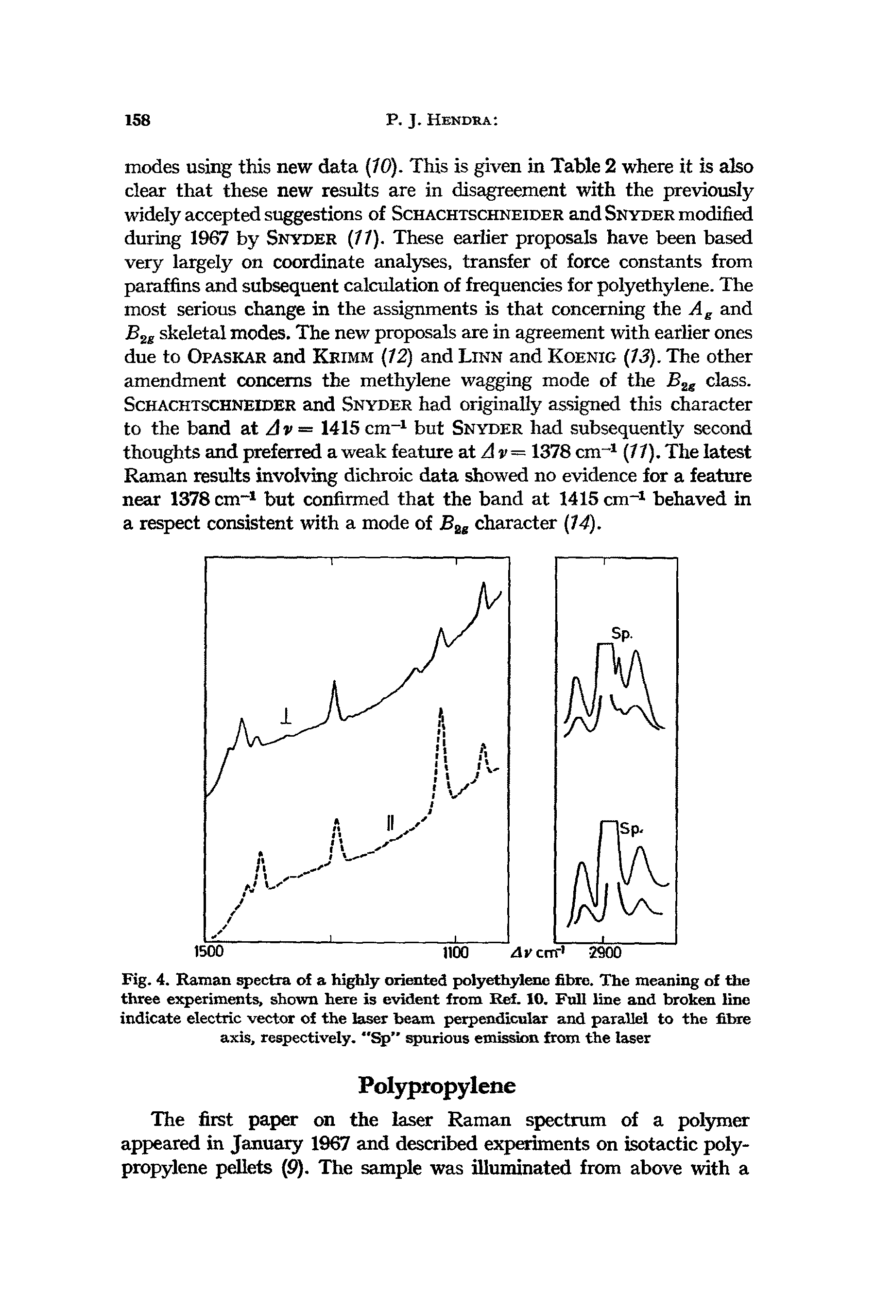 Fig. 4. Raman spectra of a highly oriented polyethylene fibre. The meaning of the three experiments, shown here is evident from Ref. 10. Full line and broken line indicate electric vector of the laser beam perpendicular and parallel to the fibre axis, respectively. "Sp" spurious emission from the laser...
