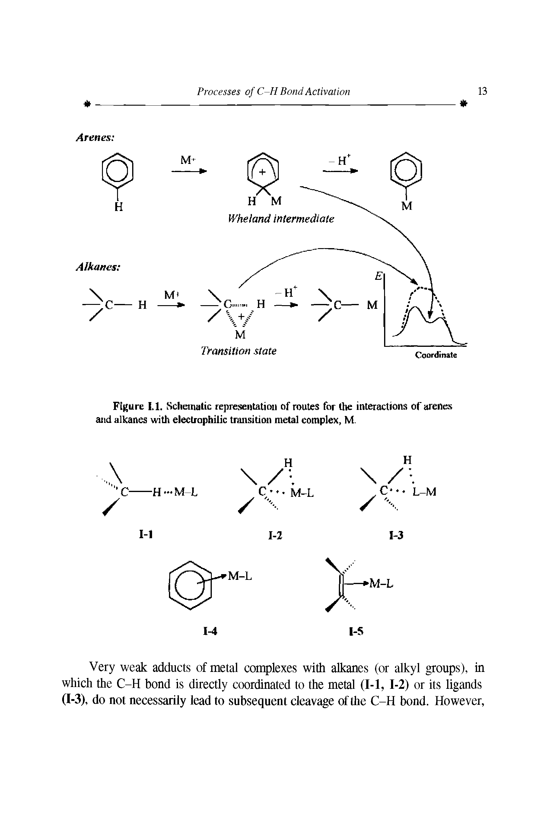 Figure I.l. Schematic representation of routes for the interactions of arenes and alkanes with electrophilic transition metal complex, M.