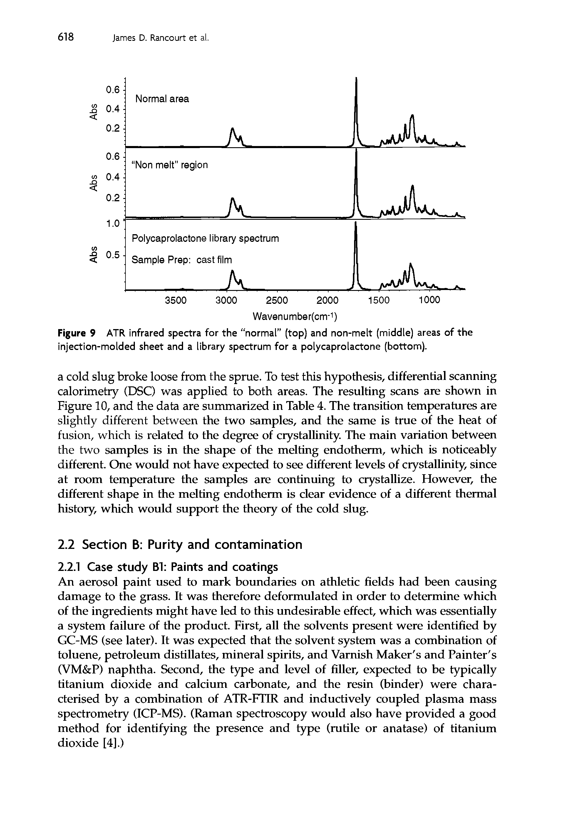 Figure 9 ATR infrared spectra for the normal (top) and non-melt (middle) areas of the injection-molded sheet and a library spectrum for a polycaprolactone (bottom).