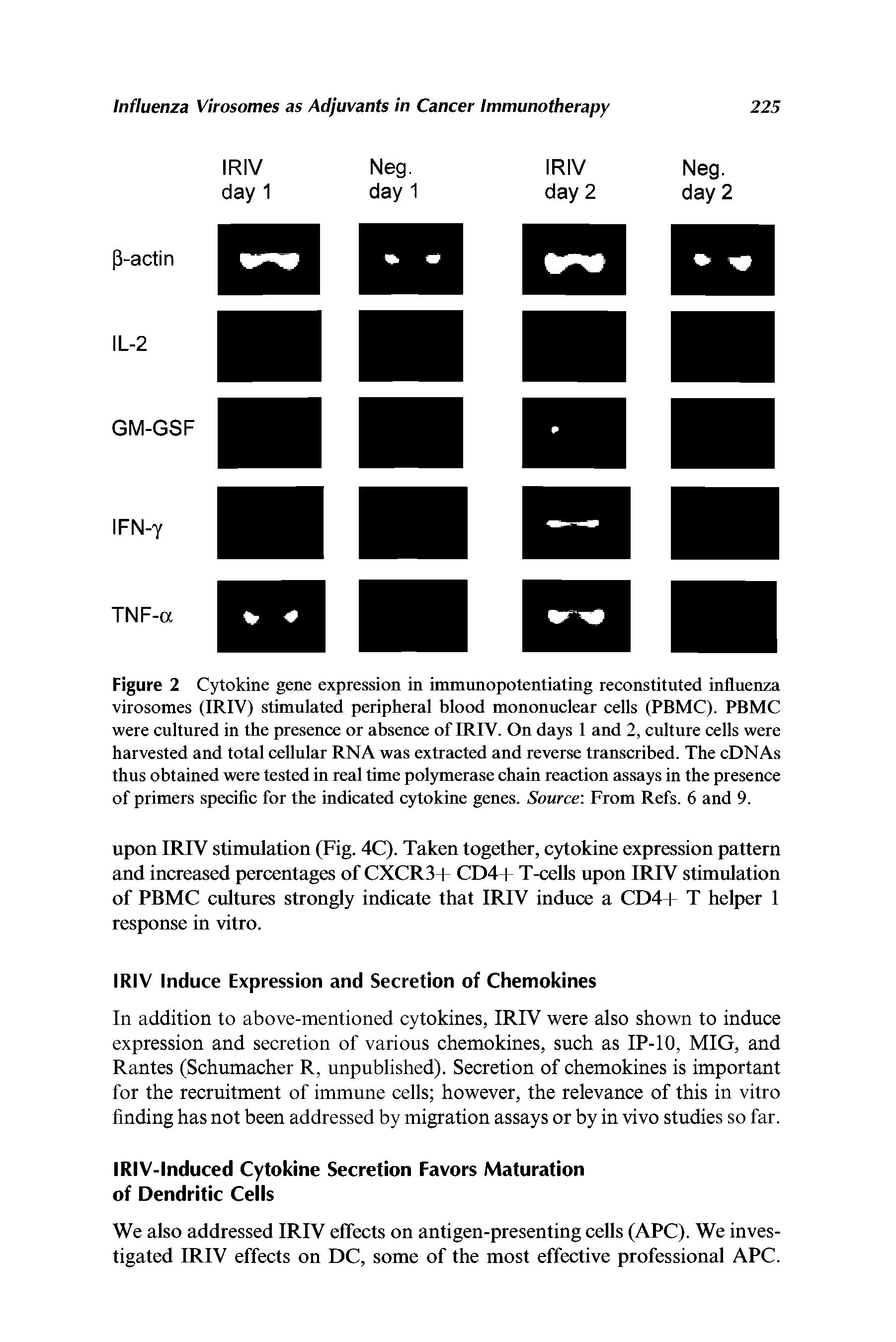 Figure 2 Cytokine gene expression in immunopotentiating reconstituted influenza virosomes (IRIV) stimulated peripheral blood mononuclear cells (PBMC). PBMC were cultured in the presence or absence of IRIV. On days 1 and 2, culture cells were harvested and total cellular RNA was extracted and reverse transcribed. The cDNAs thus obtained were tested in real time polymerase chain reaction assays in the presence of primers specific for the indicated cytokine genes. Source From Refs. 6 and 9.