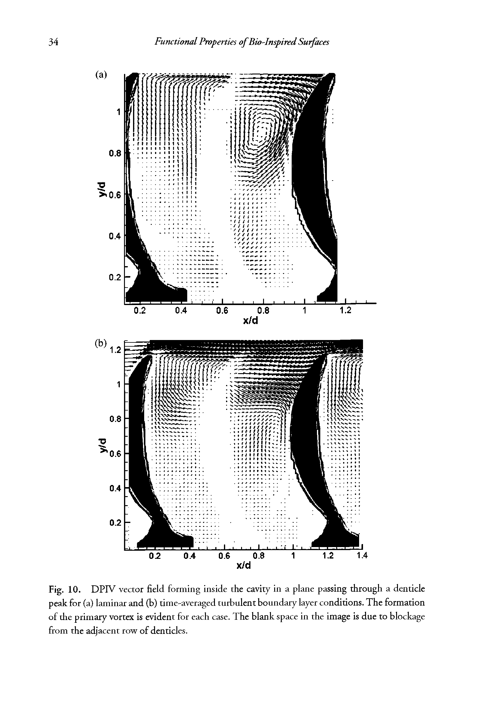 Fig. 10. DPIV vector field forming inside the cavity in a plane passing through a denticle peak for (a) laminar and (b) time-averaged turbulent boundary layer conditions. The formation of the primary vortex is evident for each case. The blank space in the image is due to blockage from the adjacent row of denticles.