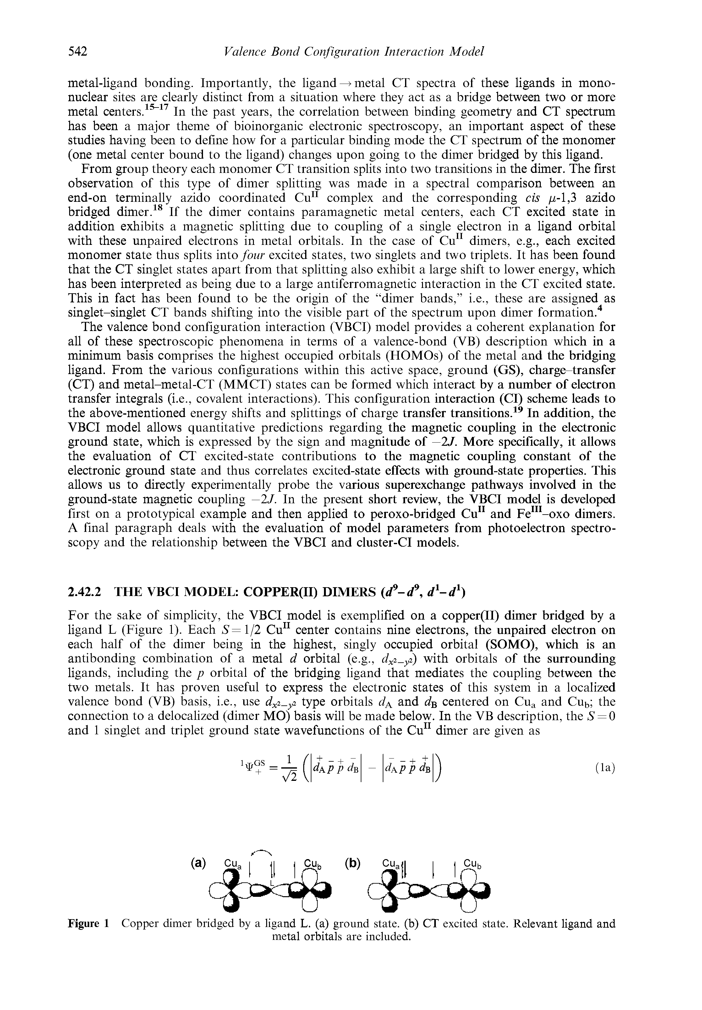 Figure 1 Copper dimer bridged by a ligand L. (a) ground state, (b) CT excited state. Relevant ligand and...