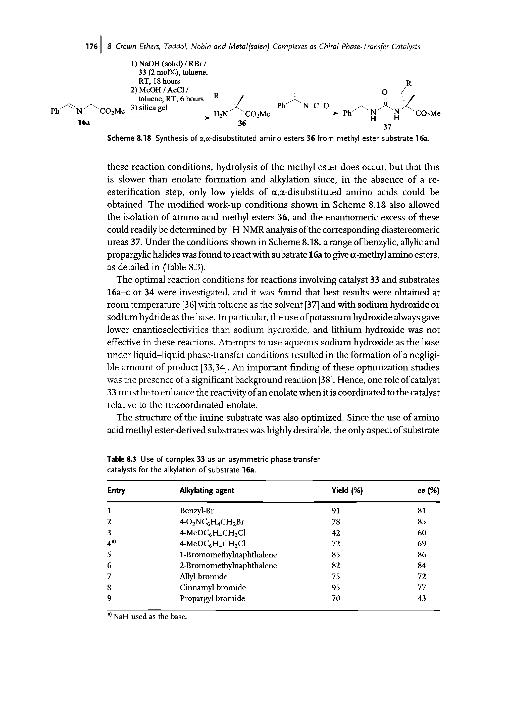 Table 8.3 U se of complex 33 as an asymmetric phase-transfer catalysts for the alkylation of substrate 16a.