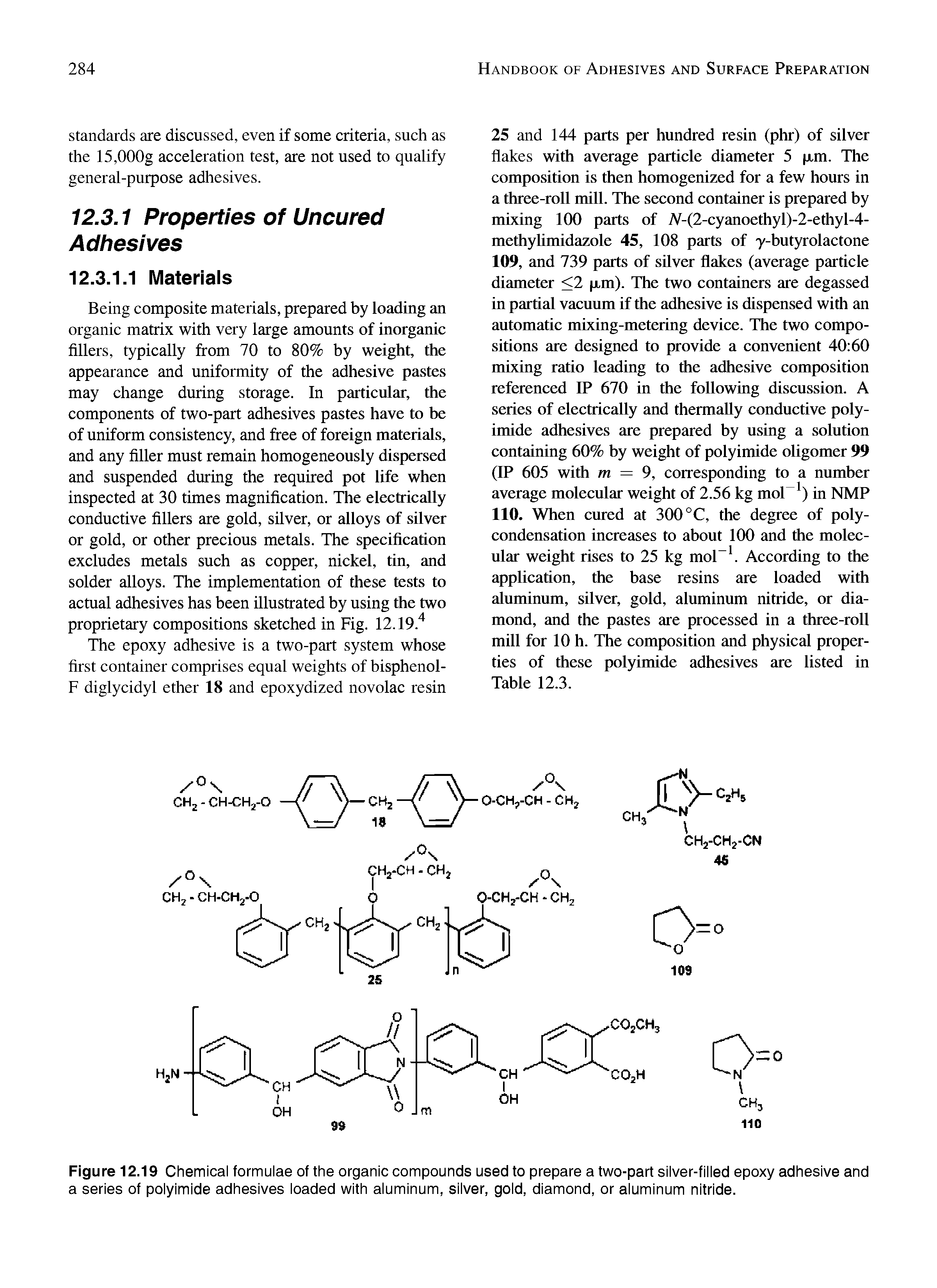 Figure 12.19 Chemical formulae of the organic compounds used to prepare a two-part silver-filled epoxy adhesive and a series of polyimide adhesives loaded with aluminum, silver, gold, diamond, or aluminum nitride.