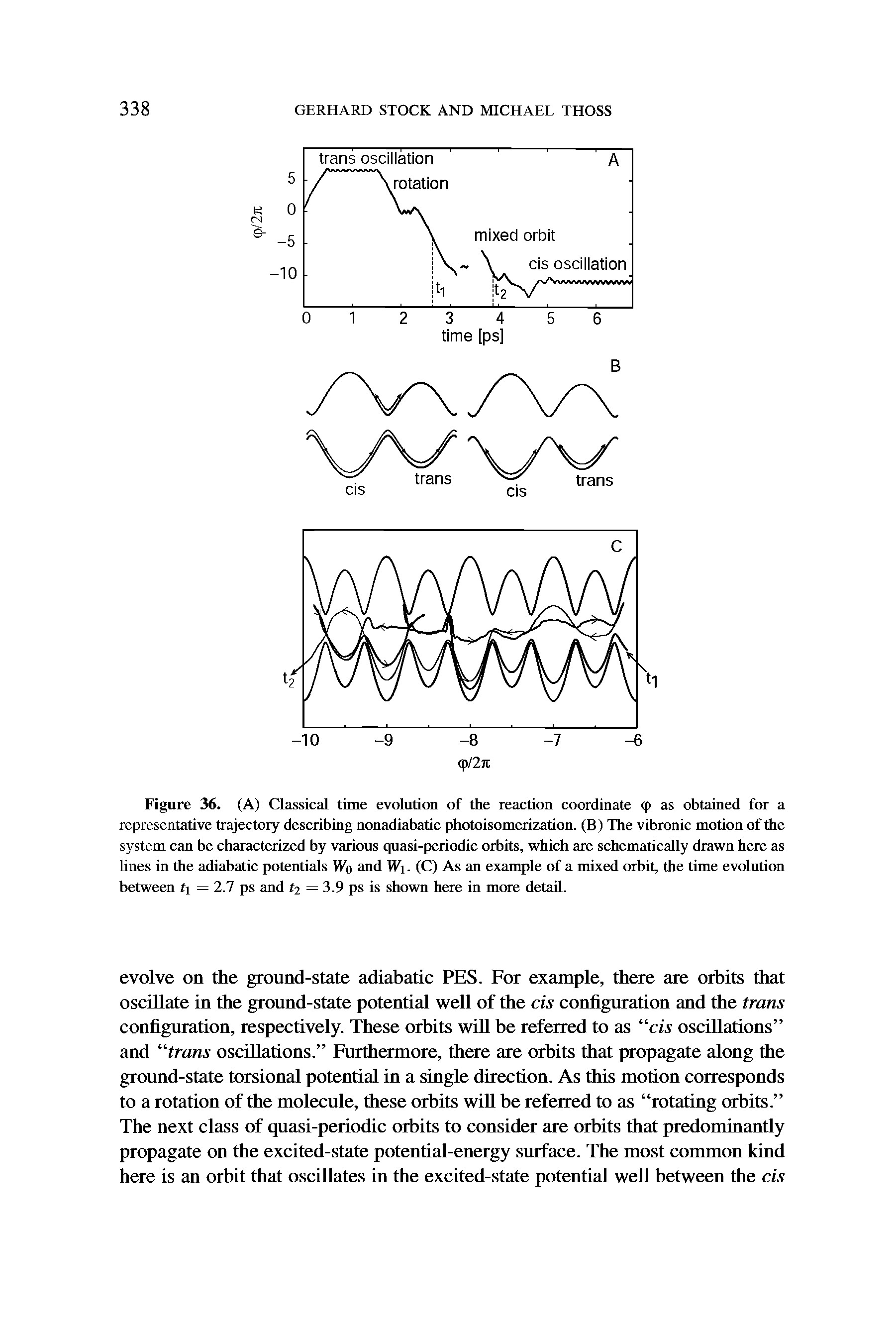 Figure 36, (A) Classical time evolution of the reaction coordinate (p as obtained for a representative trajectory describing nonadiabatic photoisomerization. (B) The vibronic motion of the system can be characterized by various quasi-periodic orbits, which are schematically drawn here as lines in the adiabatic potentials Wo and Wi. (C) As an example of a mixed orbit, the time evolution between t — 2.7 ps and t2 =3.9 ps is shown here in more detail.