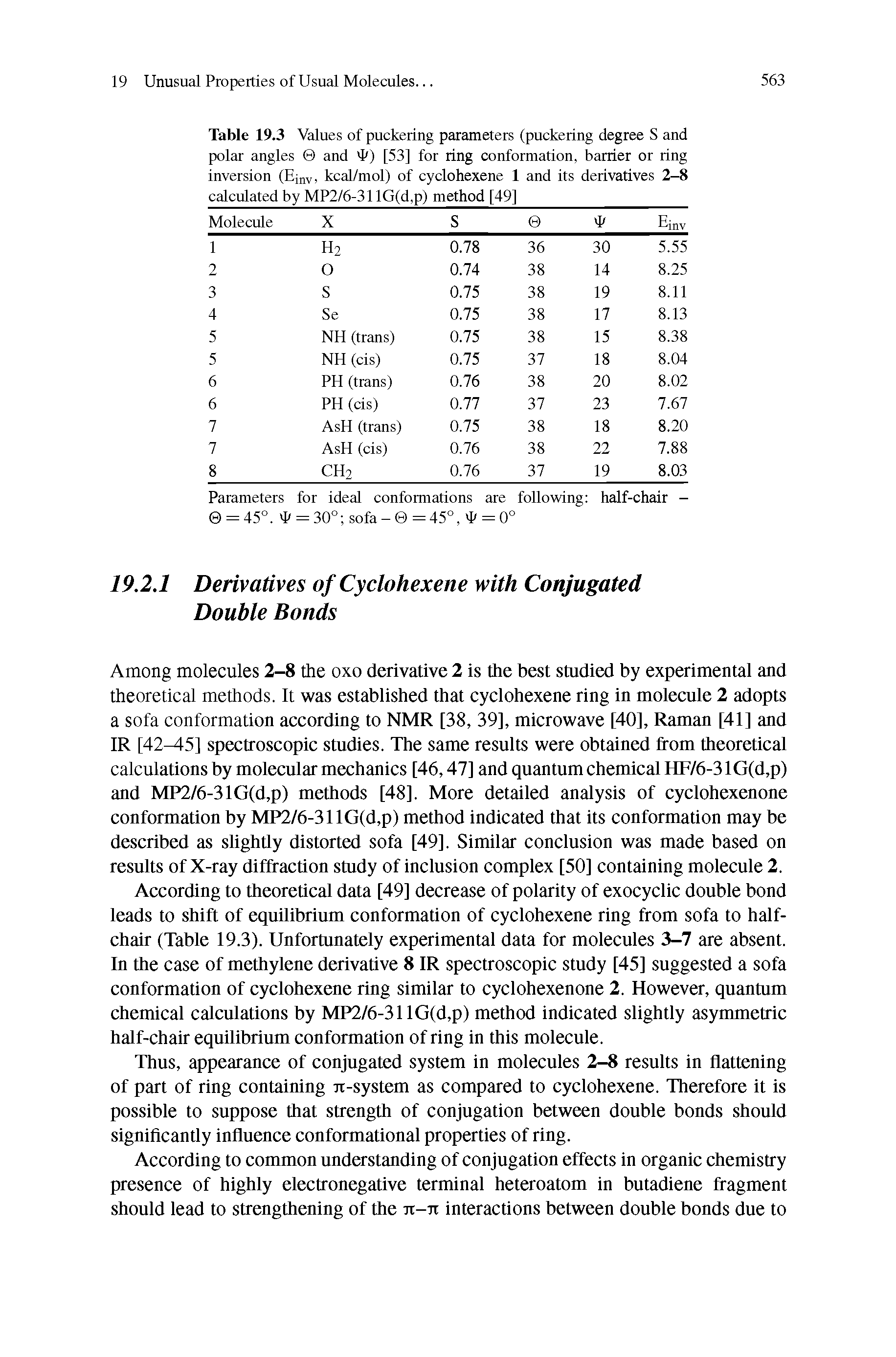 Table 19.3 Values of puckering parameters (puckering degree S and polar angles and ) [53] for ring conformation, barrier or ring inversion (Ejnv, kcal/mol) of cyclohexene 1 and its derivatives 2-8 calculated by MP2/6-311G(d,p) method [49]...