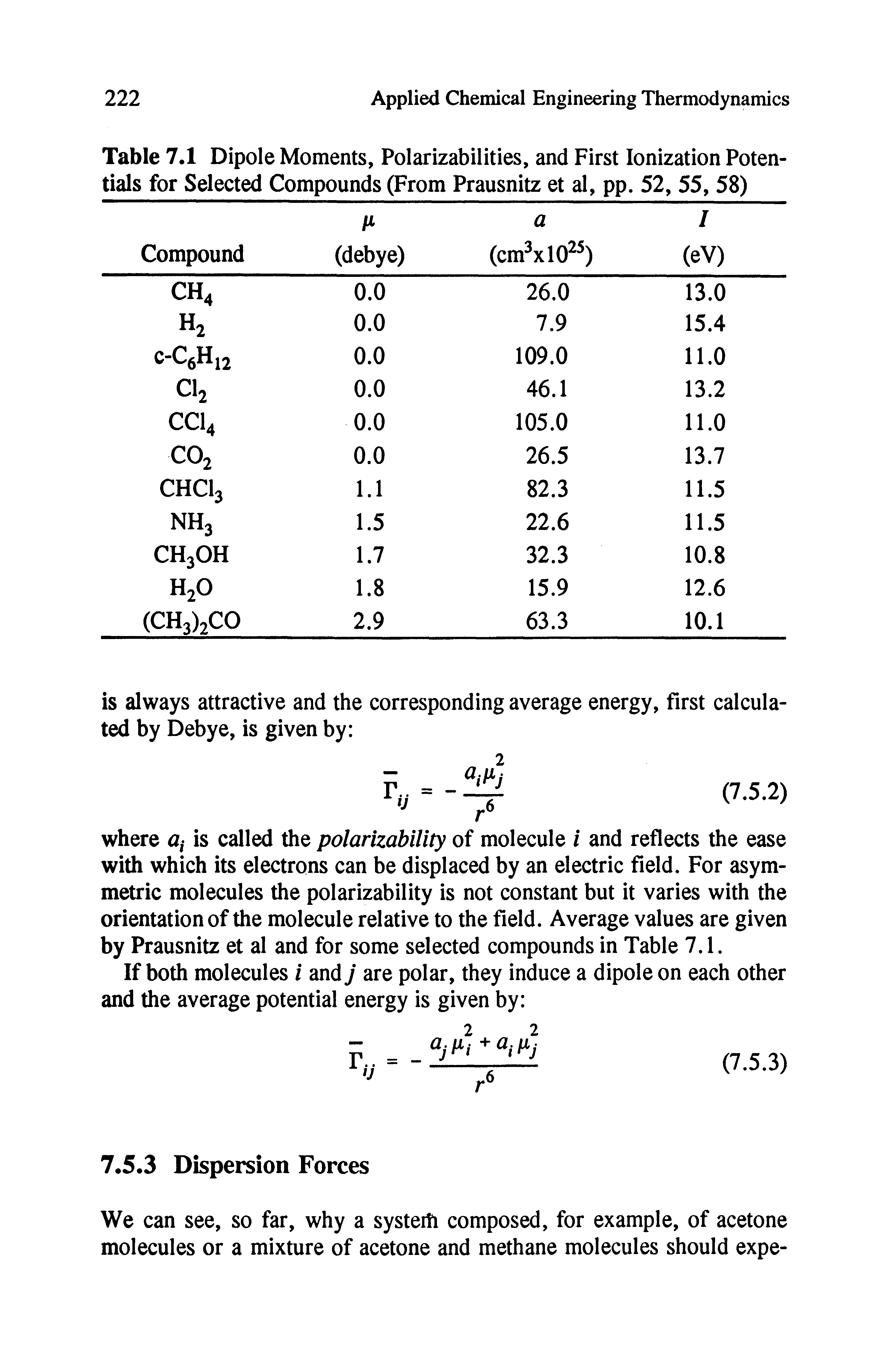 Table 7.1 Dipole Moments, Polarizabilities, and First Ionization Potentials for Selected Compounds (From Prausnitz et al, pp. 52, 55, 58)...