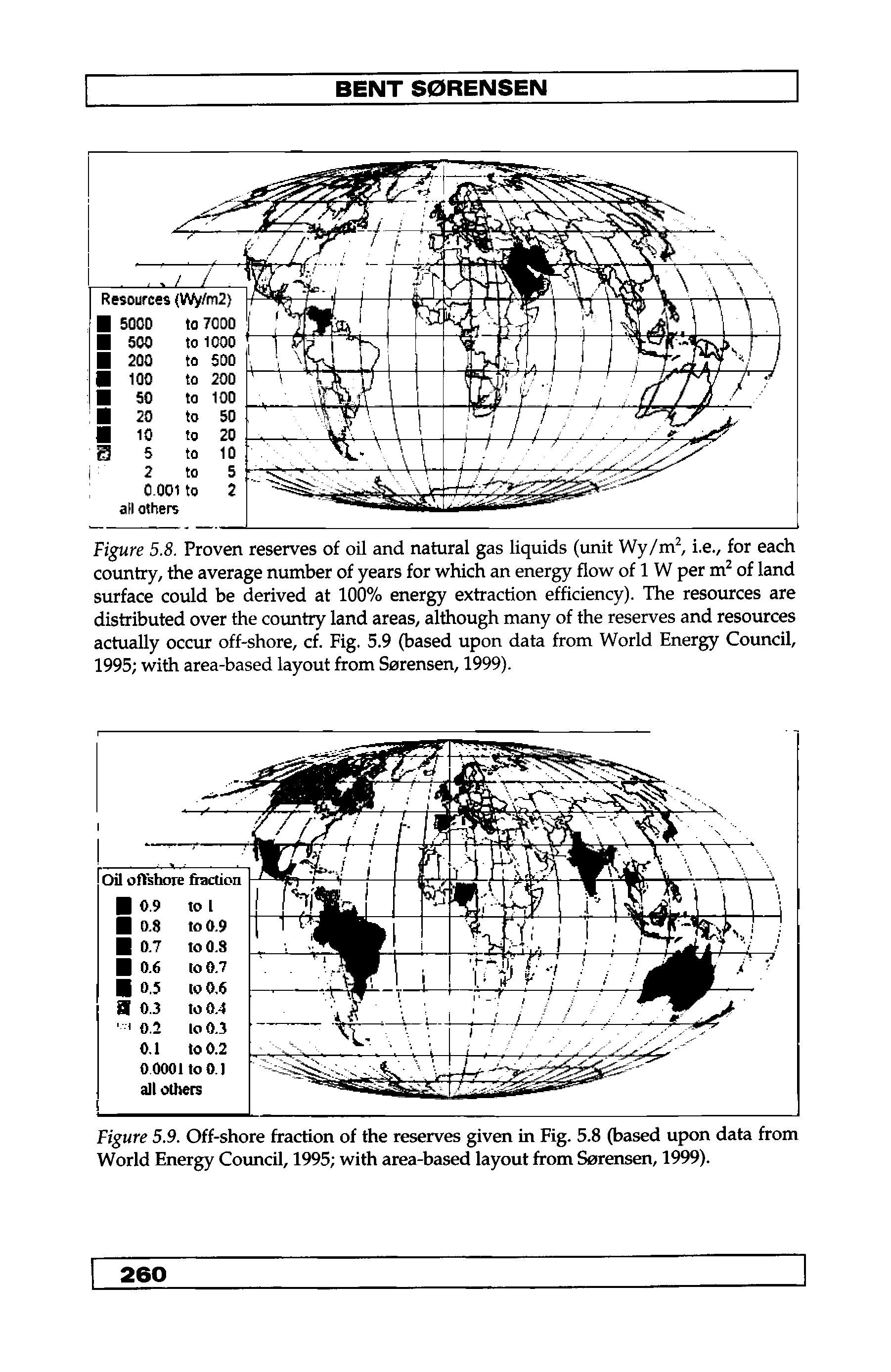 Figure 5.9. Off-shore fraction of the reserves given in Fig. 5.8 (based upon data from World Energy Council, 1995 with area-based layout from Sorensen, 1999).