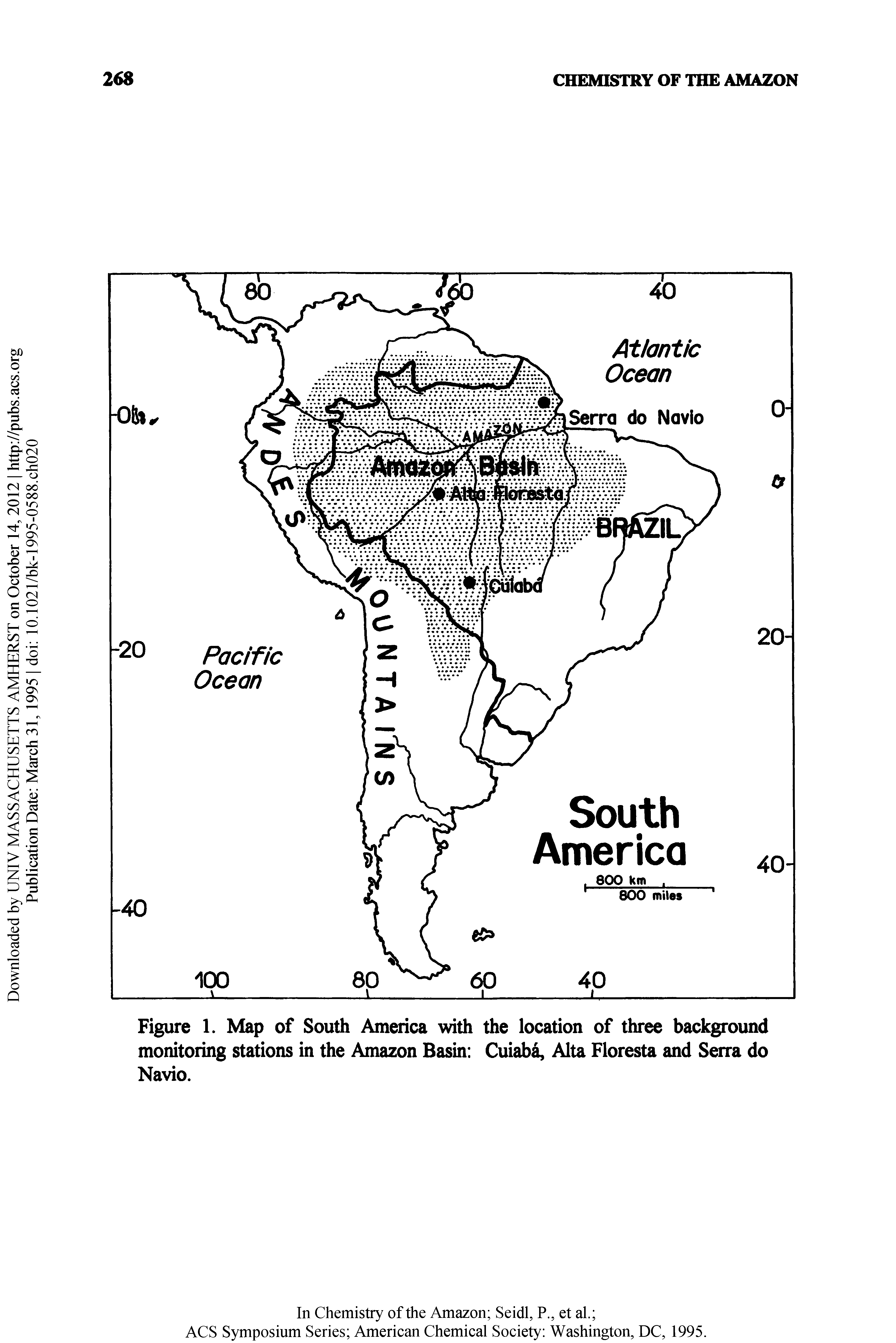 Figure 1. Map of South America with the location of three background monitoring stations in the Amazon Basin Cuiaba, Alta Floresta and Serra do Navio.