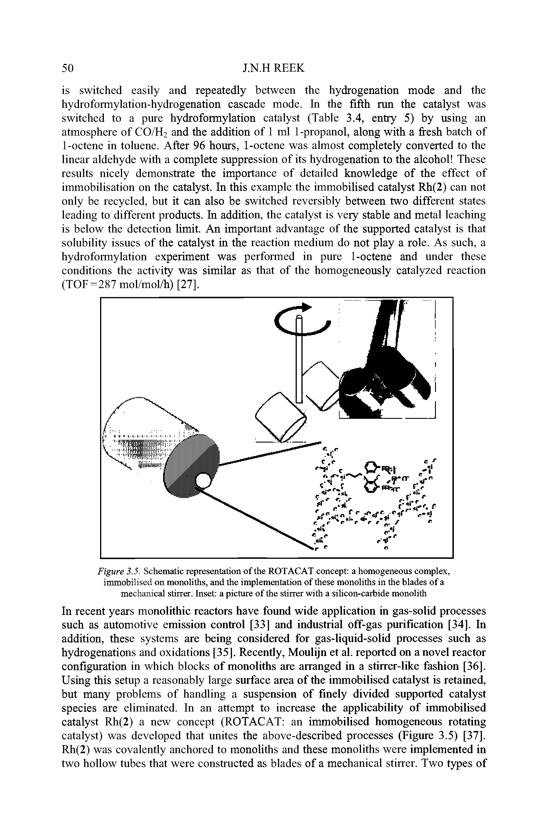 Figure 3.5. Schematic representation of the ROTACAT concept a homogeneous complex, immobilised on monoliths, and the implementation of these monoliths in the blades of a mechanical stirrer. Inset a picture of the stirrer with a silicon-carbide monolith...
