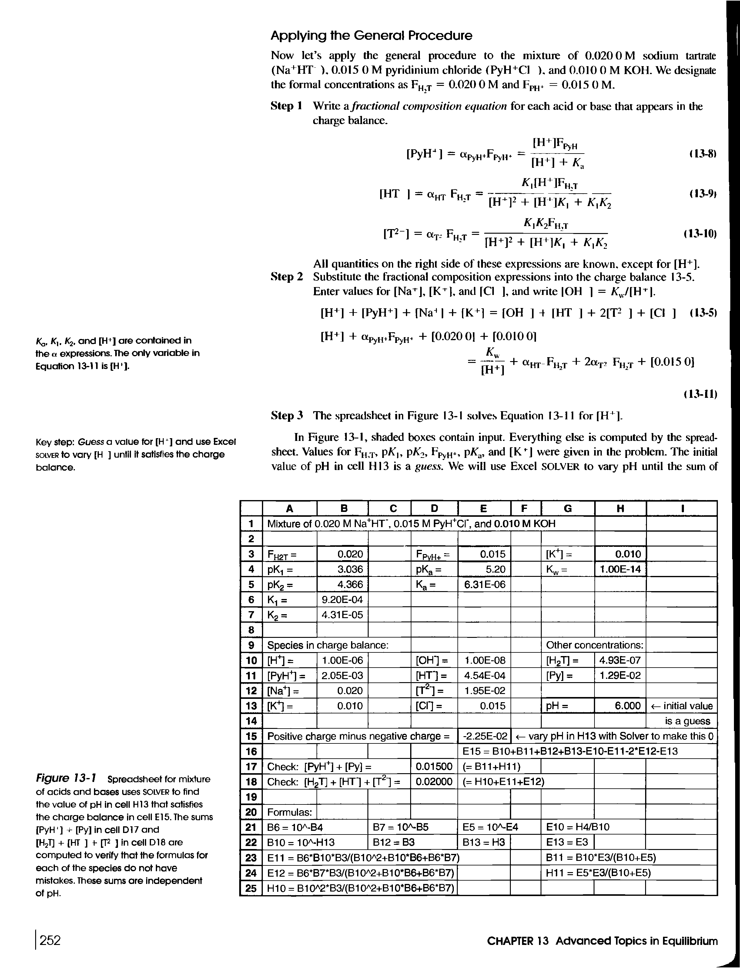 Figure 13-1 Spreadsheet for mixture of acids and bases uses solver to find the value of pH in cell H13 that satisfies the charge balance in cell El5. The sums [PyH ] + [Py] in cell D17 and [H2T] + [HT ] t- [T2 ] in cell D18 are computed to verify that the formulas for each of the species do not have mistakes. These sums are independent of pH.
