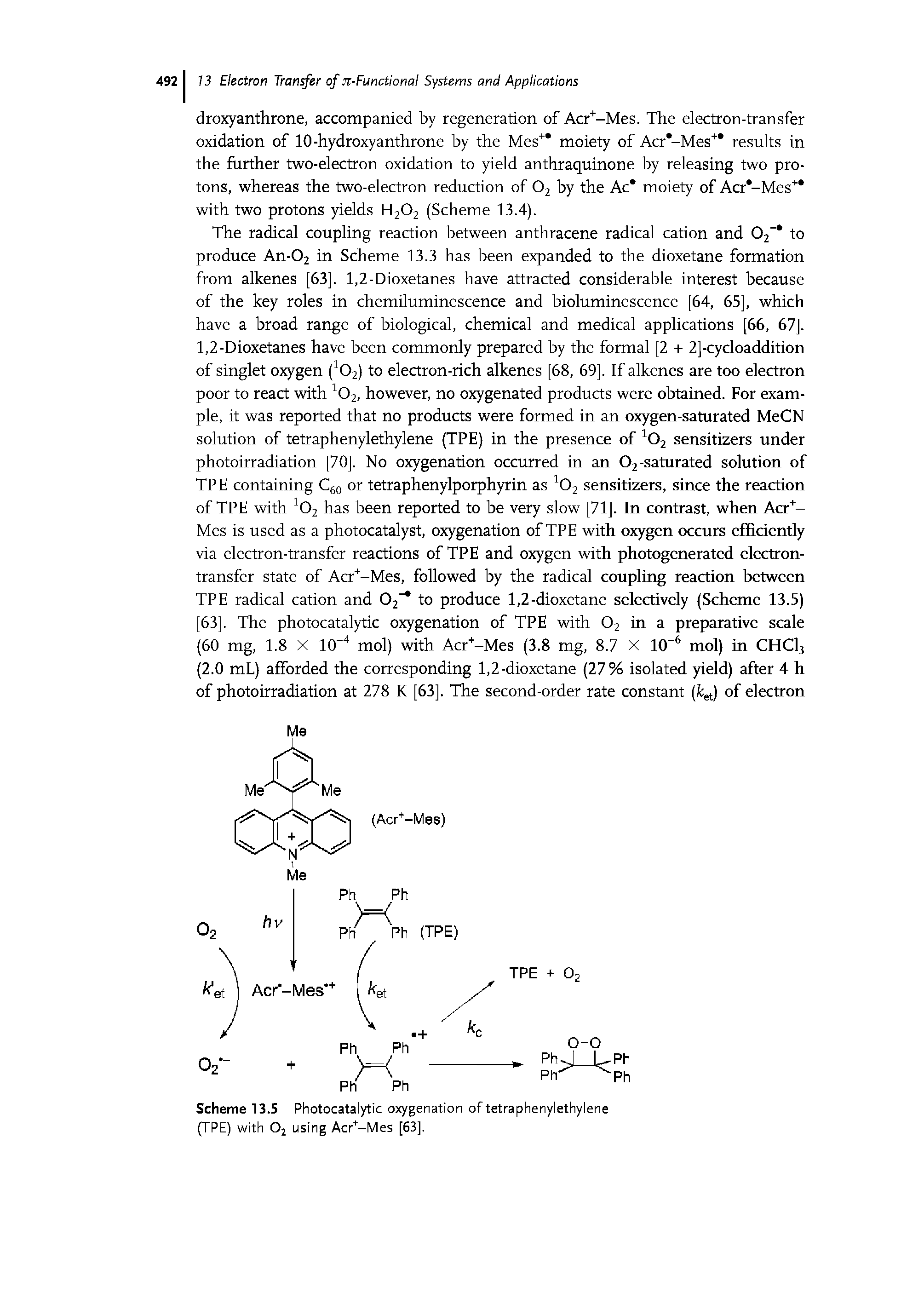 Scheme 13.5 Photocatalytic oxygenation of tetraphenylethylene (TPE) with 02 using Acr+-Mes [63],...