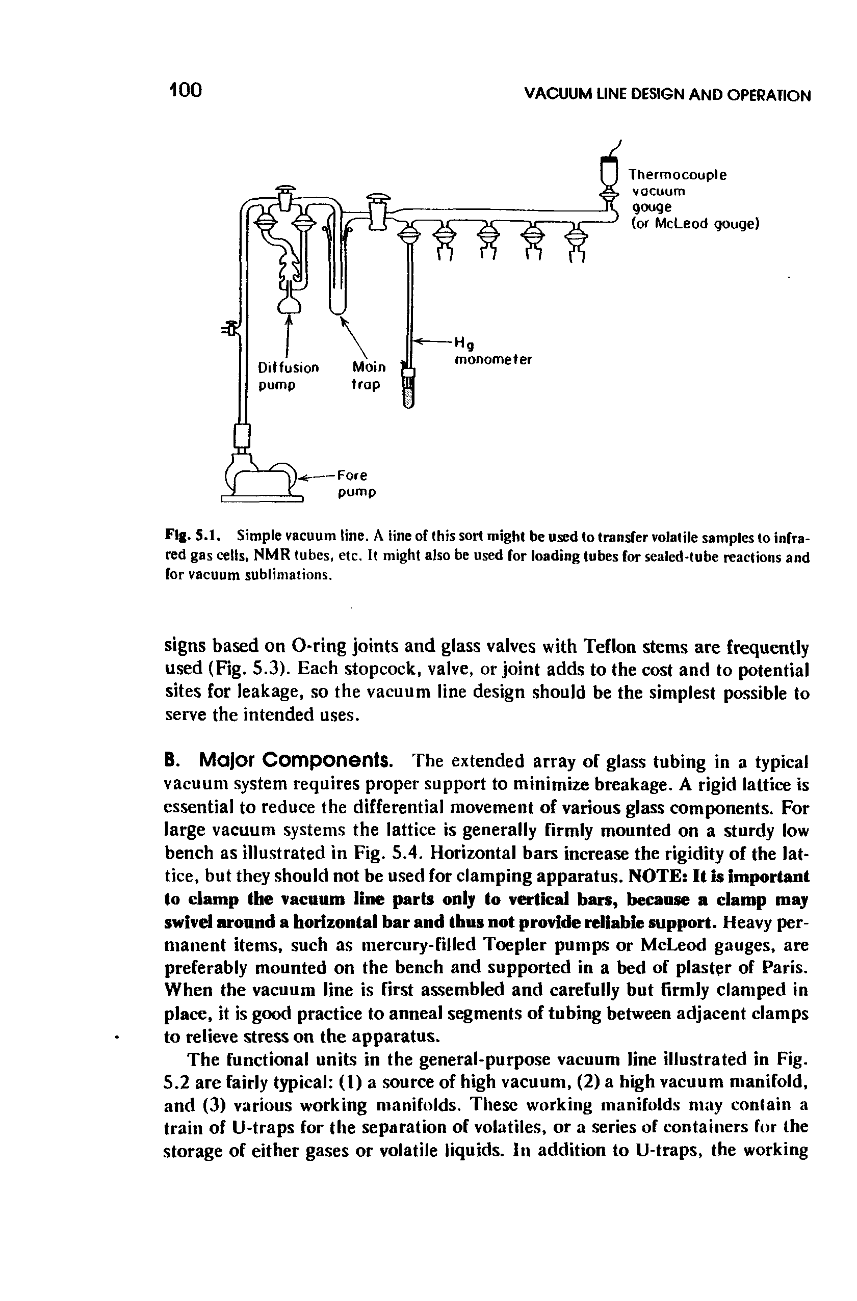 Fig. 5.1. Simple vacuum line. A iineof this sort might be used to transfer volatile samples to infrared gas cells, NMR tubes, etc. It might also be used for loading tubes for sealed-tube reactions and for vacuum sublimations.