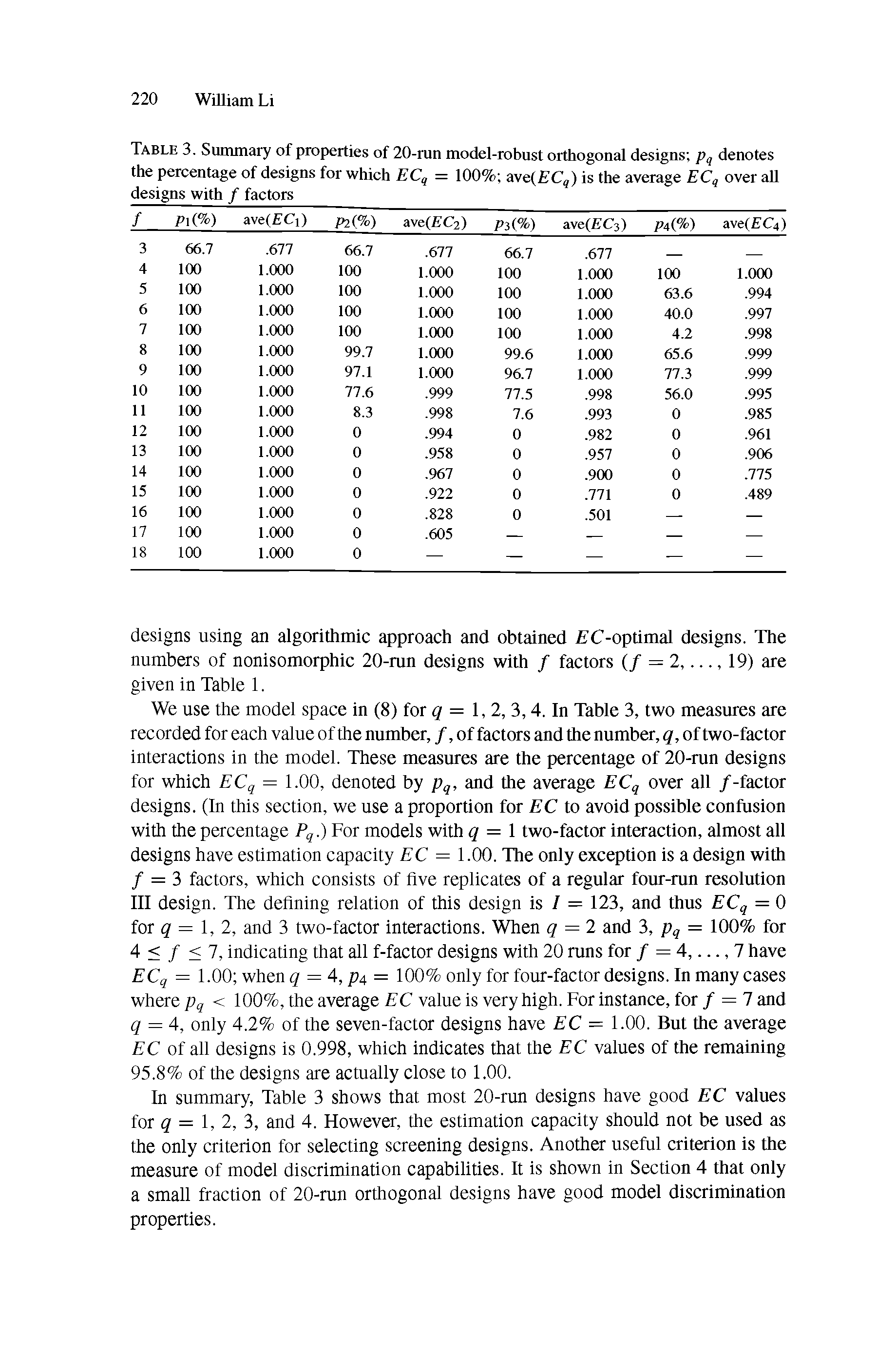 Table 3. Summary of properties of 20-run model-robust orthogonal designs pq denotes the percentage of designs for which ECq = 100% ave( C ) is the average ECq over all designs with / factors ...