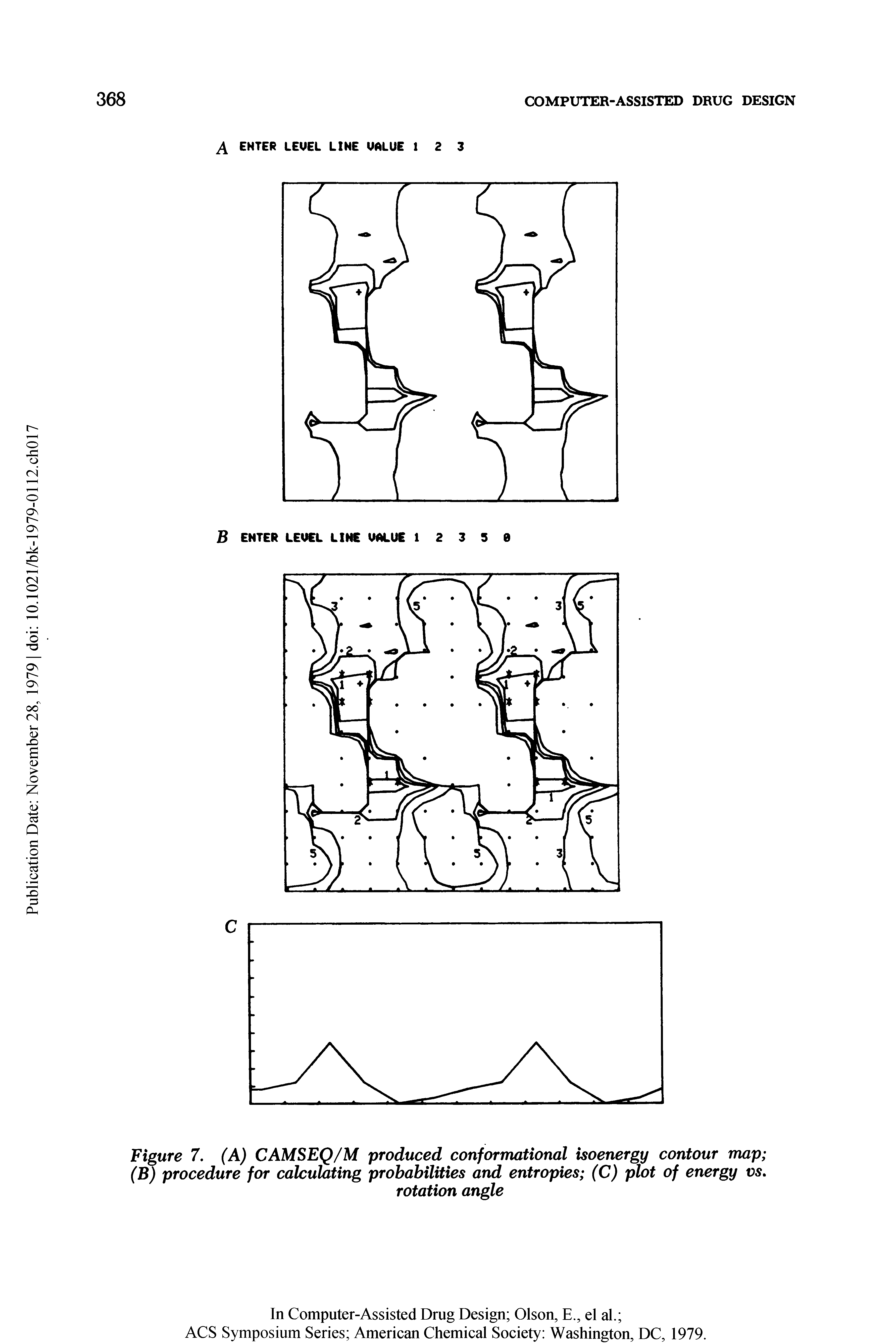 Figure 7. (A) CAMSEQ/M produced conformational isoenergy contour map (B) procedure for calculating probabilities and entropies (C) plot of energy vs.