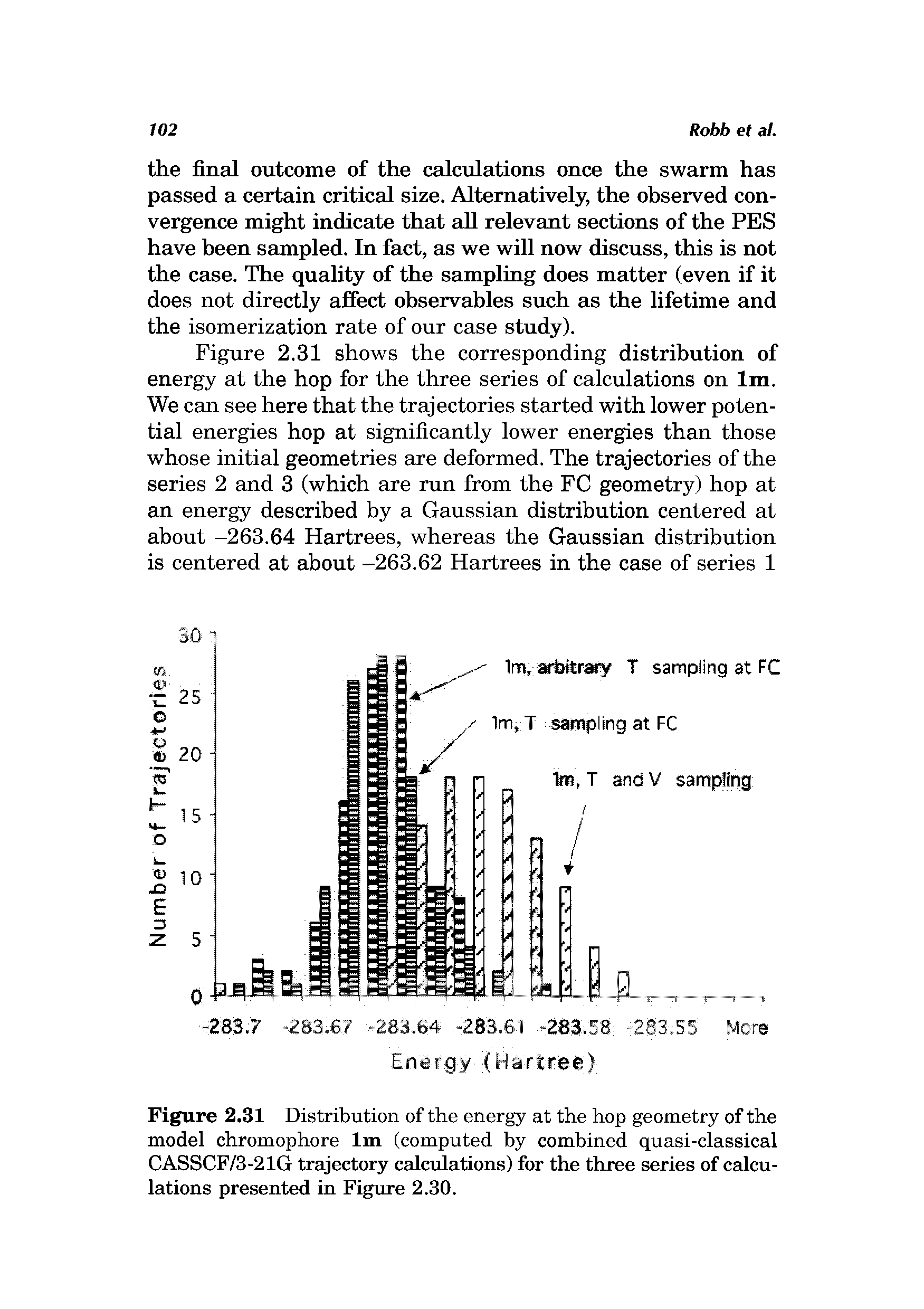 Figure 2.31 Distribution of the energy at the hop geometry of the model chromophore Im (computed by combined quasi-classical CASSCF/3-21G trajectory calculations) for the three series of calculations presented in Figure 2.30.