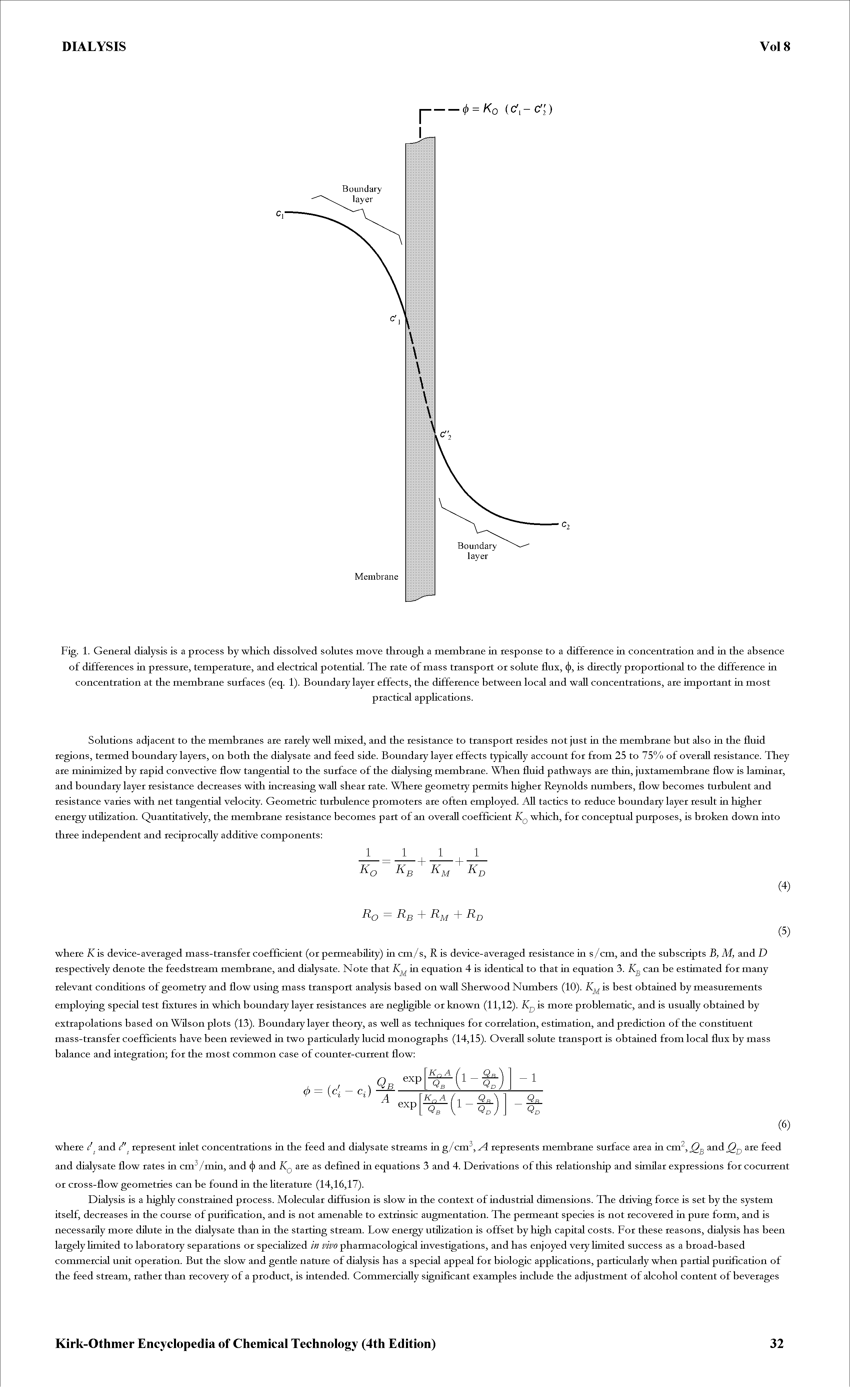 Fig. 1. General dialysis is a process by which dissolved solutes move through a membrane in response to a difference in concentration and in the absence of differences in pressure, temperature, and electrical potential. The rate of mass transport or solute flux, ( ), is directly proportional to the difference in concentration at the membrane surfaces (eq. 1). Boundary layer effects, the difference between local and wall concentrations, are important in most...