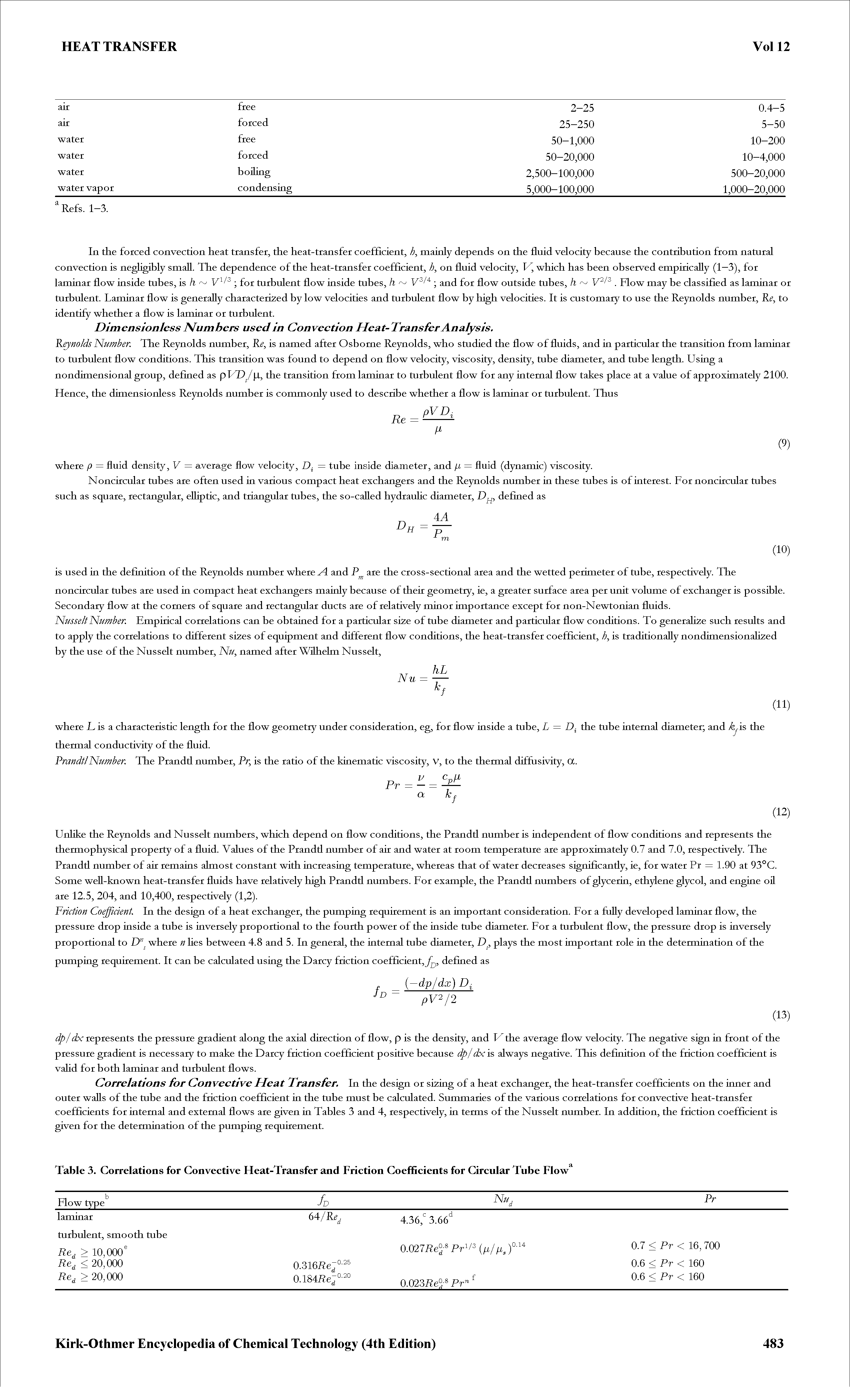 Table 3. Correlations for Convective Heat-Transfer and Friction Coefficients for Circular Tube Flow ...