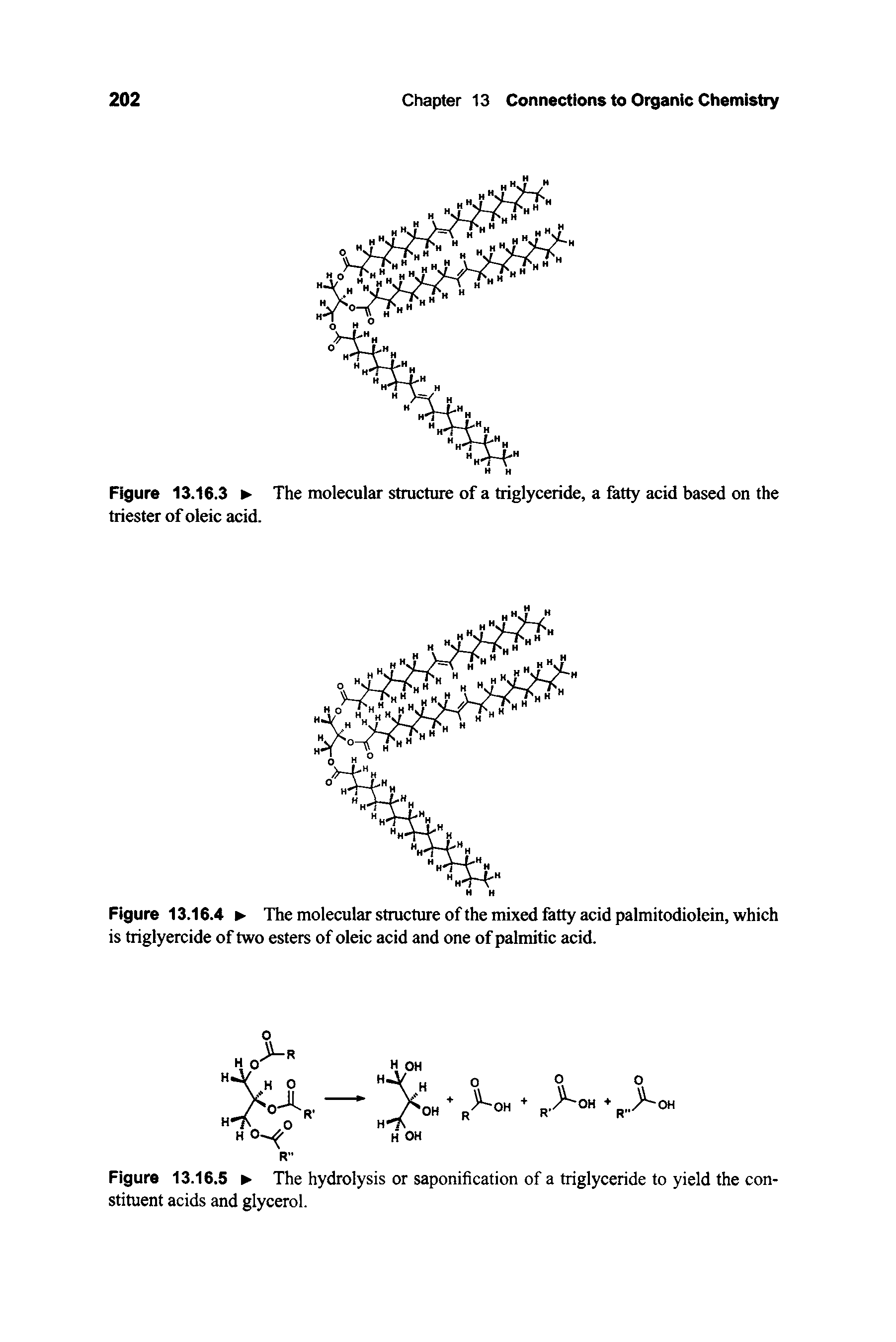 Figure 13.16.5 The hydrolysis or saponification of a triglyceride to yield the constituent acids and glycerol.