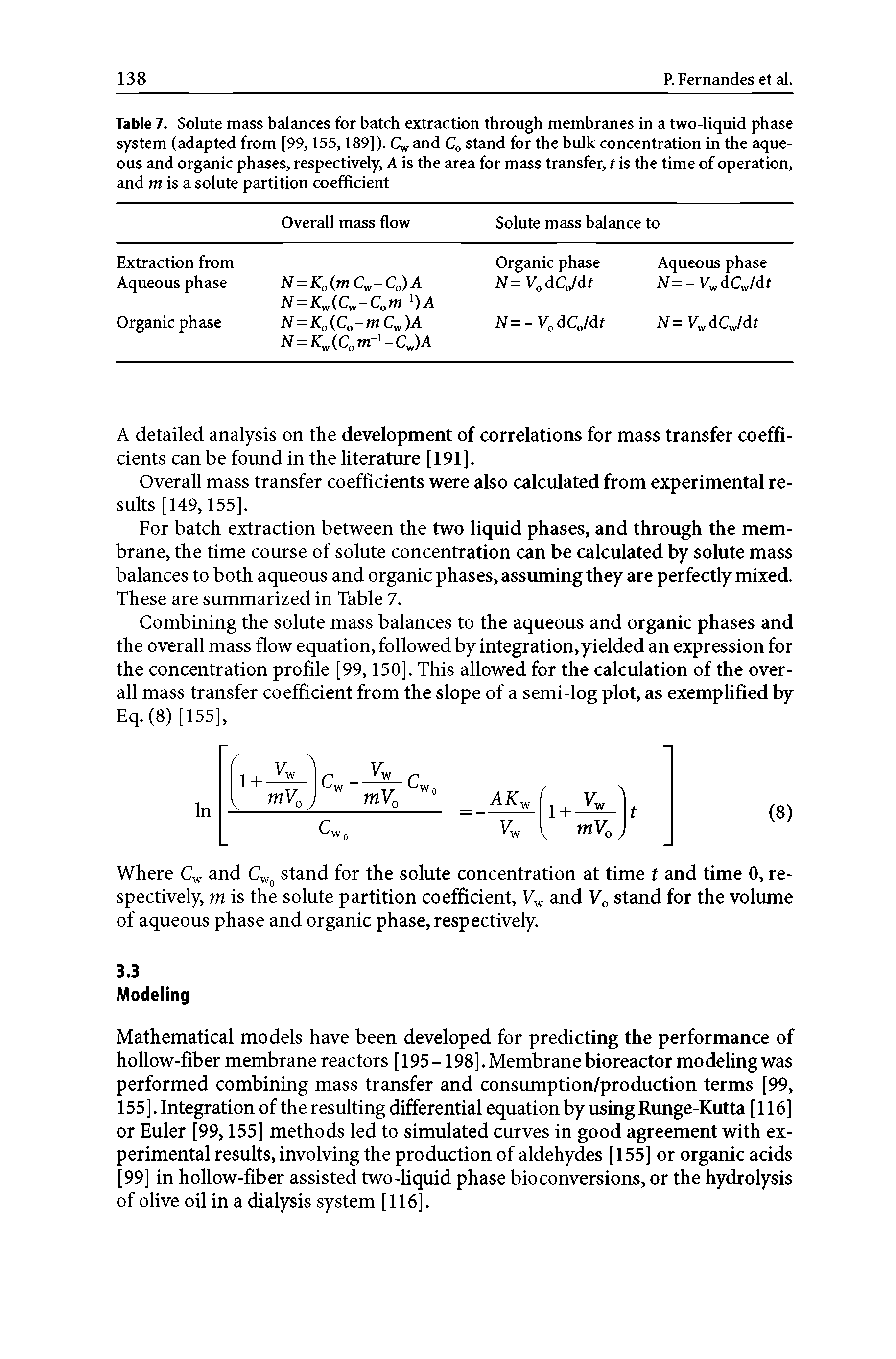 Table 7. Solute mass balances for batch extraction through membranes in a two-Uquid phase system (adapted from [99,155,189]). Cy, and C stand for the hulk concentration in the aqueous and organic phases, respectively, A is the area for mass transfer, t is the time of operation, and m is a solute partition coefficient...