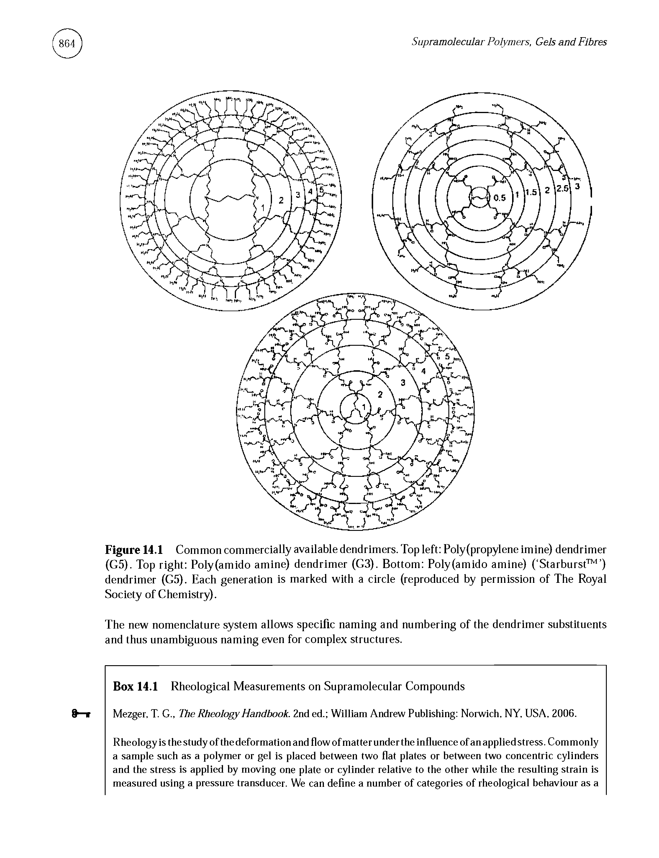 Figure 14.1 Common commercially available dendrimers. Top left Polypropylene imine) dendrimer (G5). Top right Poly(amido amine) dendrimer (G3). Bottom Poly(amido amine) ( Starburst ) dendrimer (G5). Each generation is marked with a circle (reproduced by permission of The Royal Society of Chemistry).