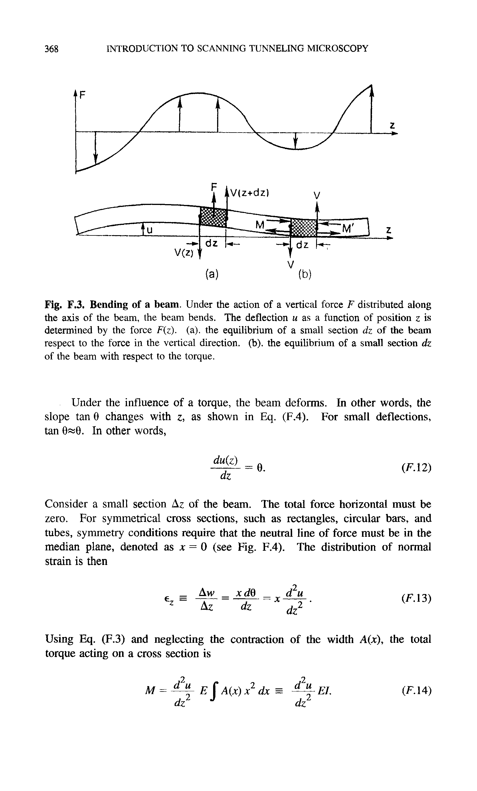 Fig. F.3. Bending of a beam. Under the action of a vertical force F distributed along the axis of the beam, the beam bends. The deflection m as a function of position z is determined by the force F(z). (a), the equilibrium of a small section dz of the beam respect to the force in the vertical direction, (b). the equilibrium of a small section dz of the beam with respect to the torque.